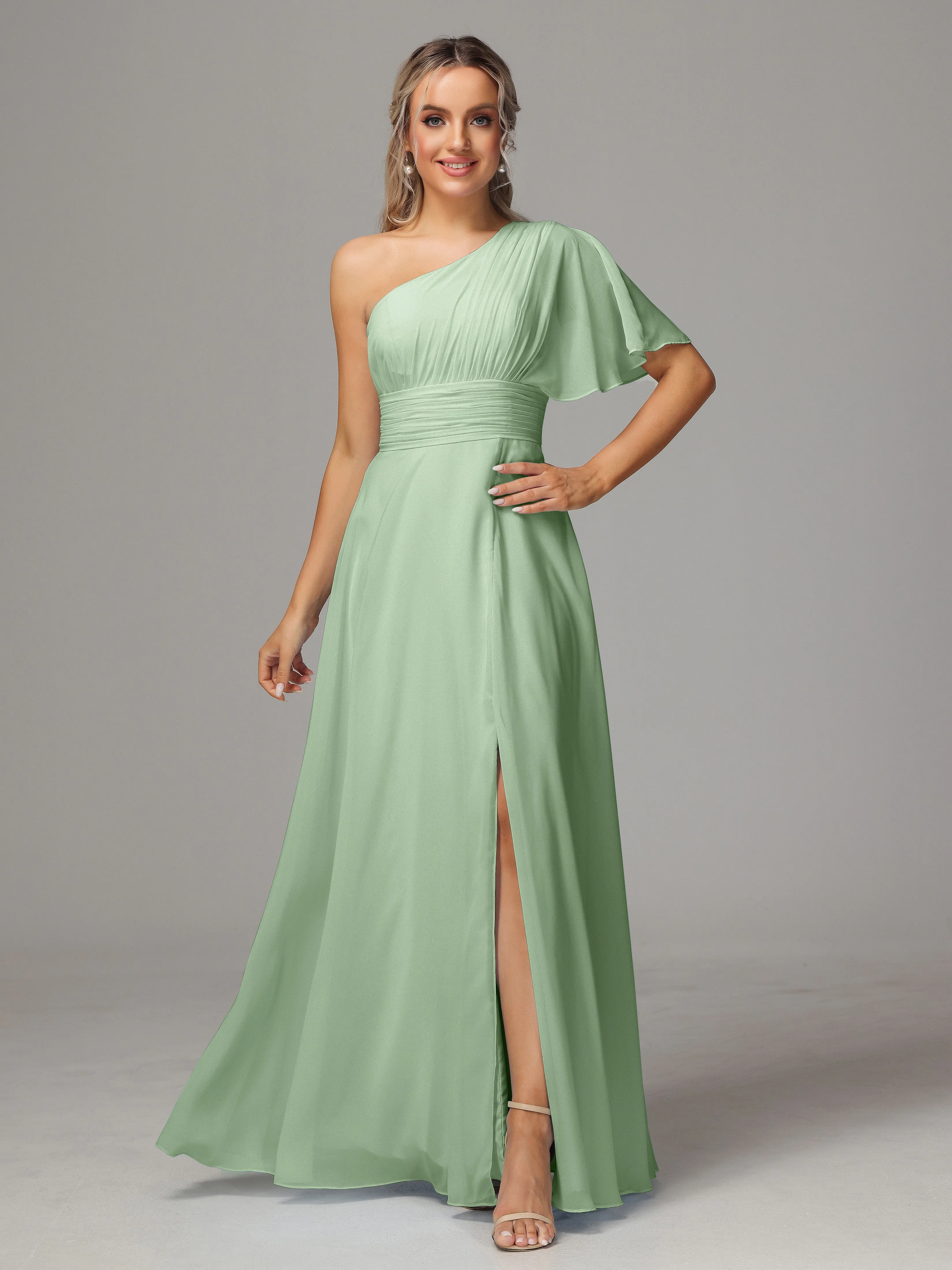 One Shoulder Chiffon Bridesmaid Dresses With Slit