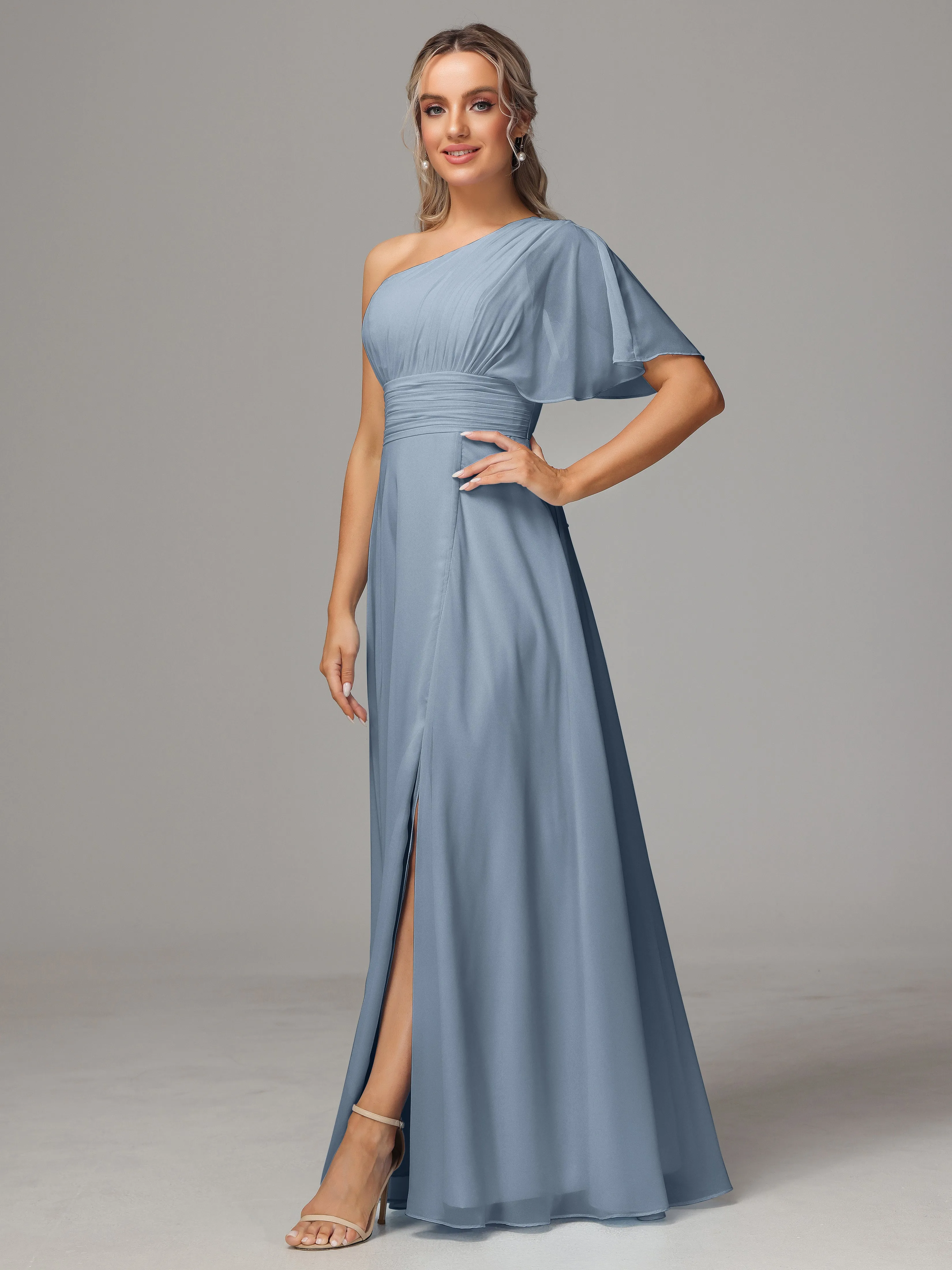 One Shoulder Chiffon Bridesmaid Dresses With Slit