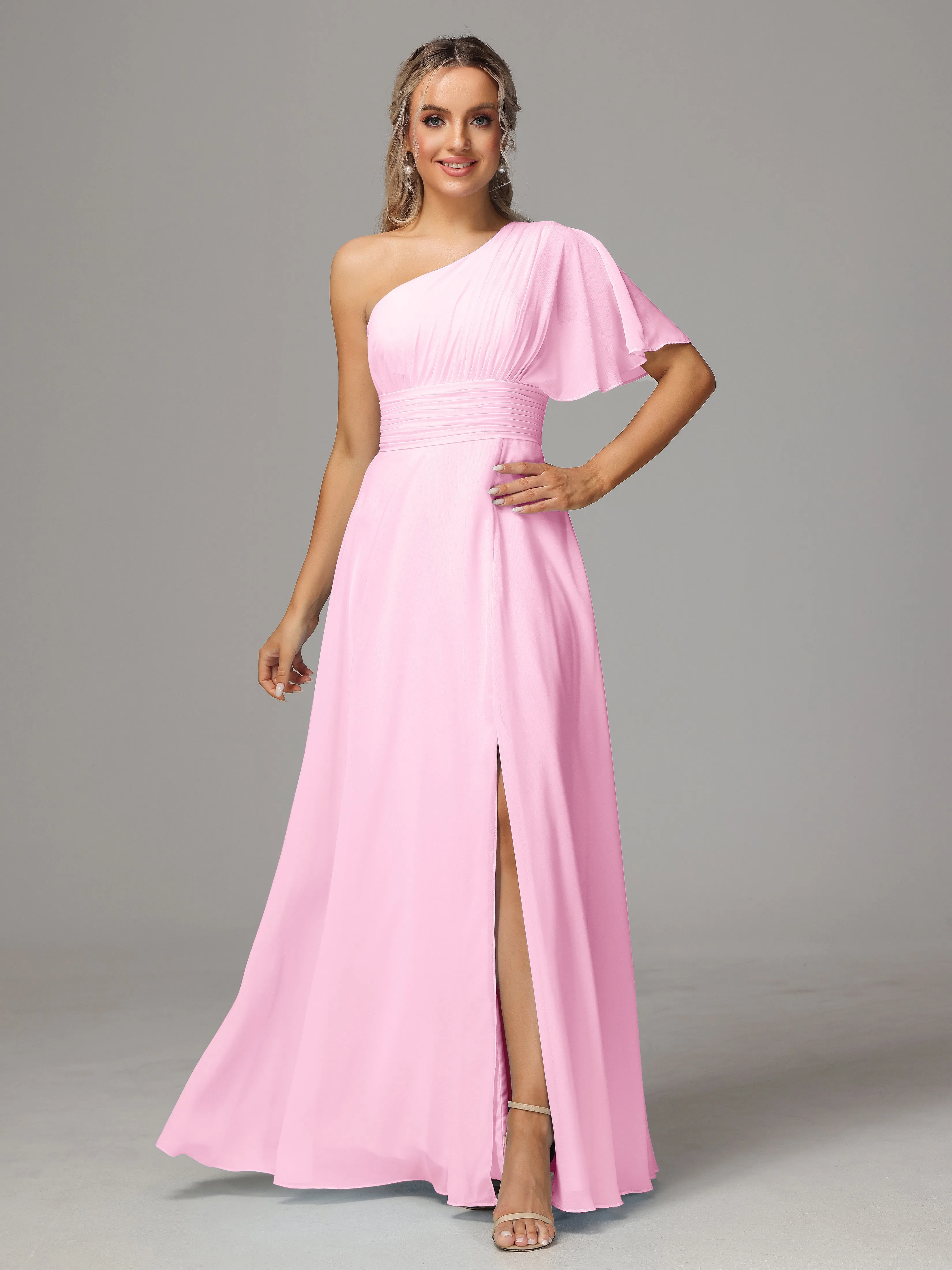 One Shoulder Chiffon Bridesmaid Dresses With Slit