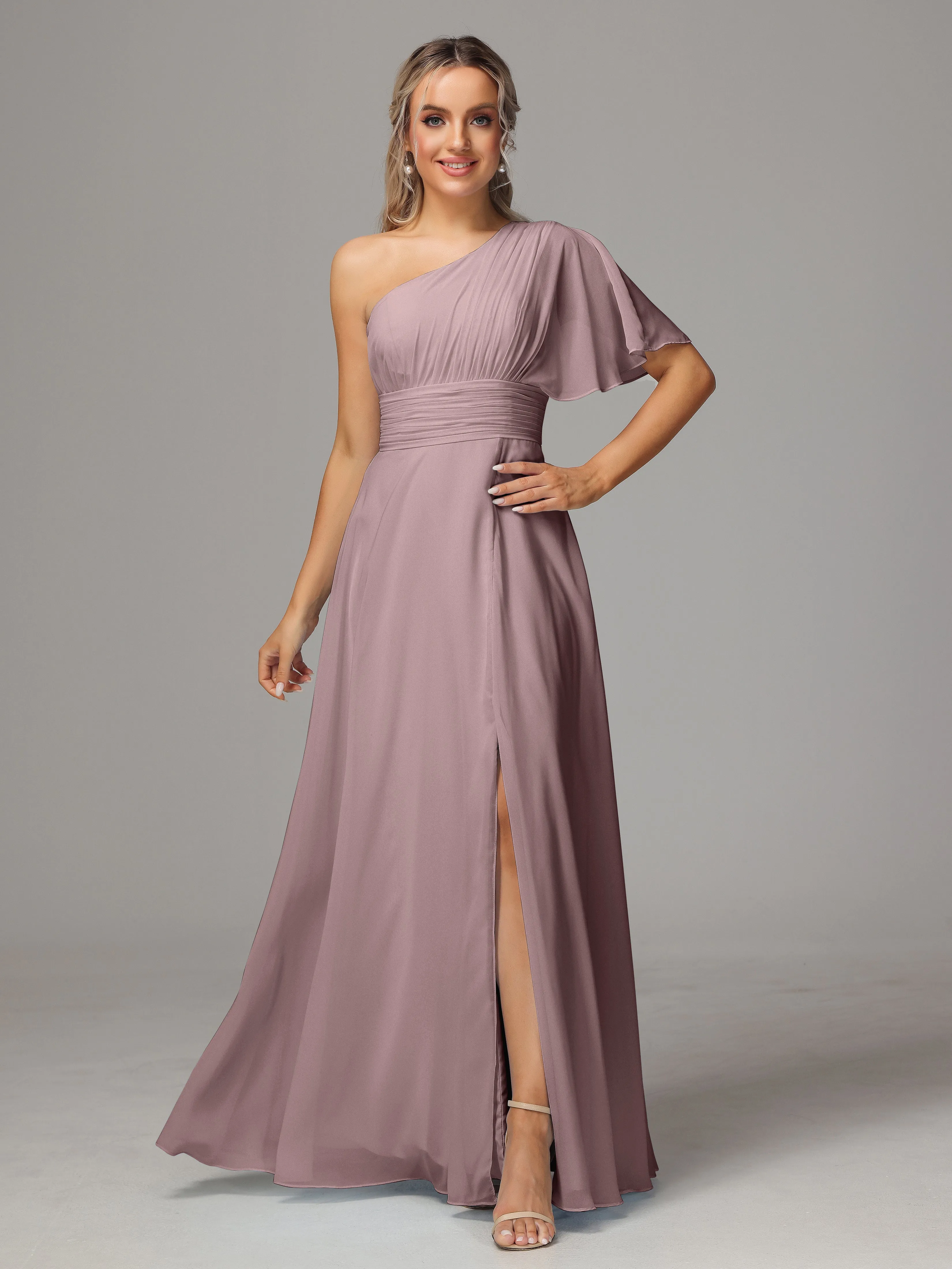 One Shoulder Chiffon Bridesmaid Dresses With Slit