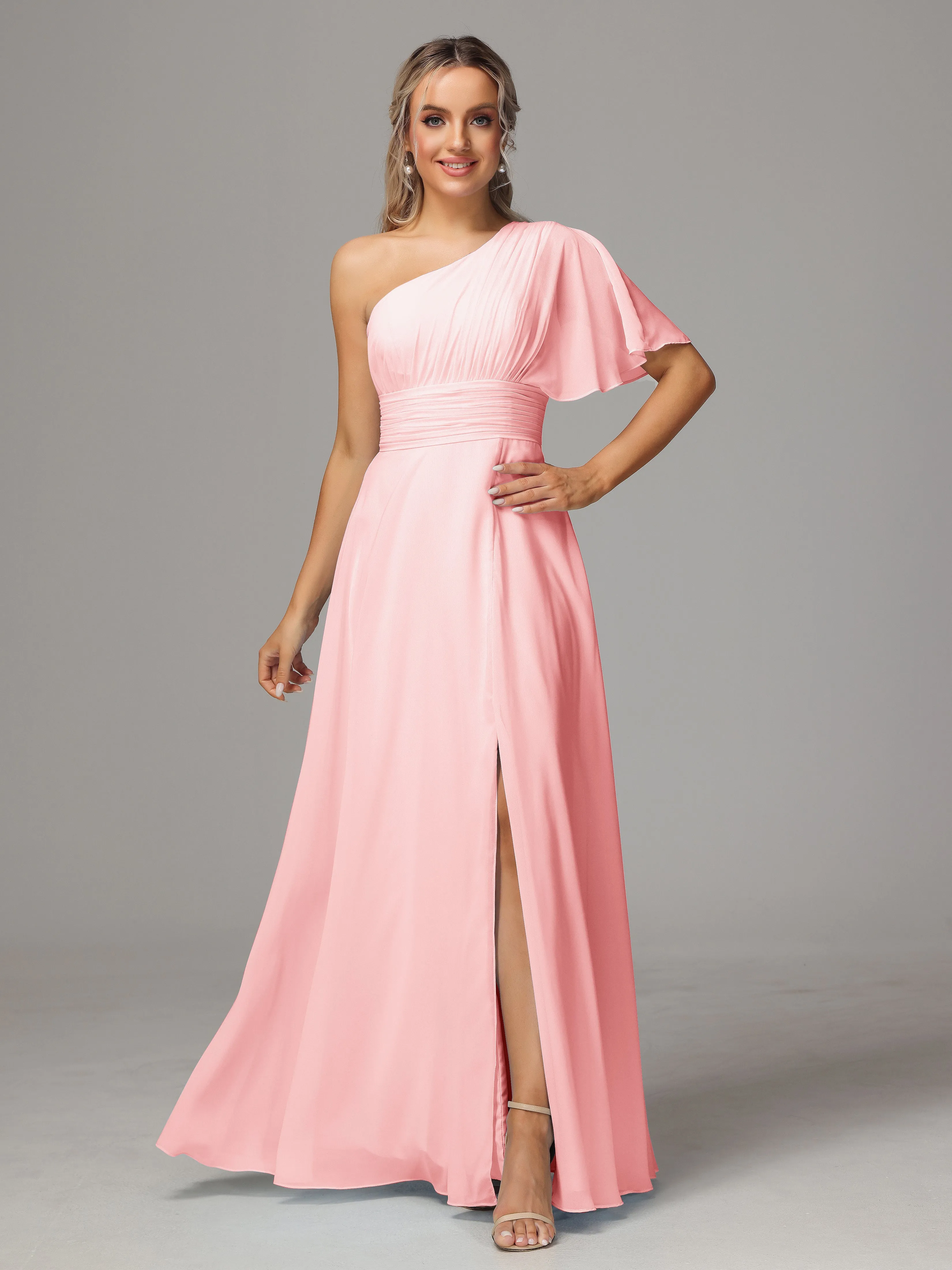 One Shoulder Chiffon Bridesmaid Dresses With Slit