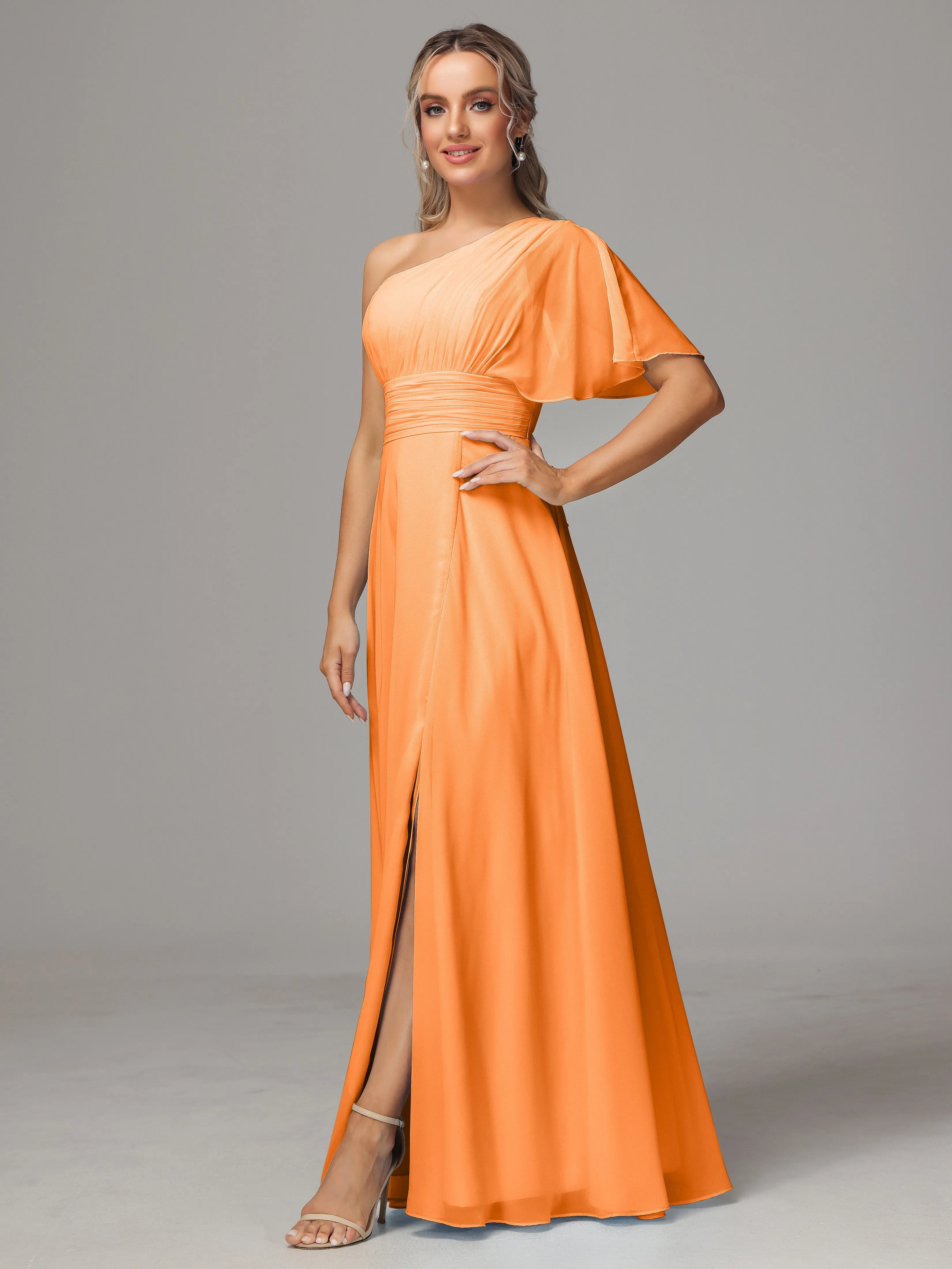 One Shoulder Chiffon Bridesmaid Dresses With Slit