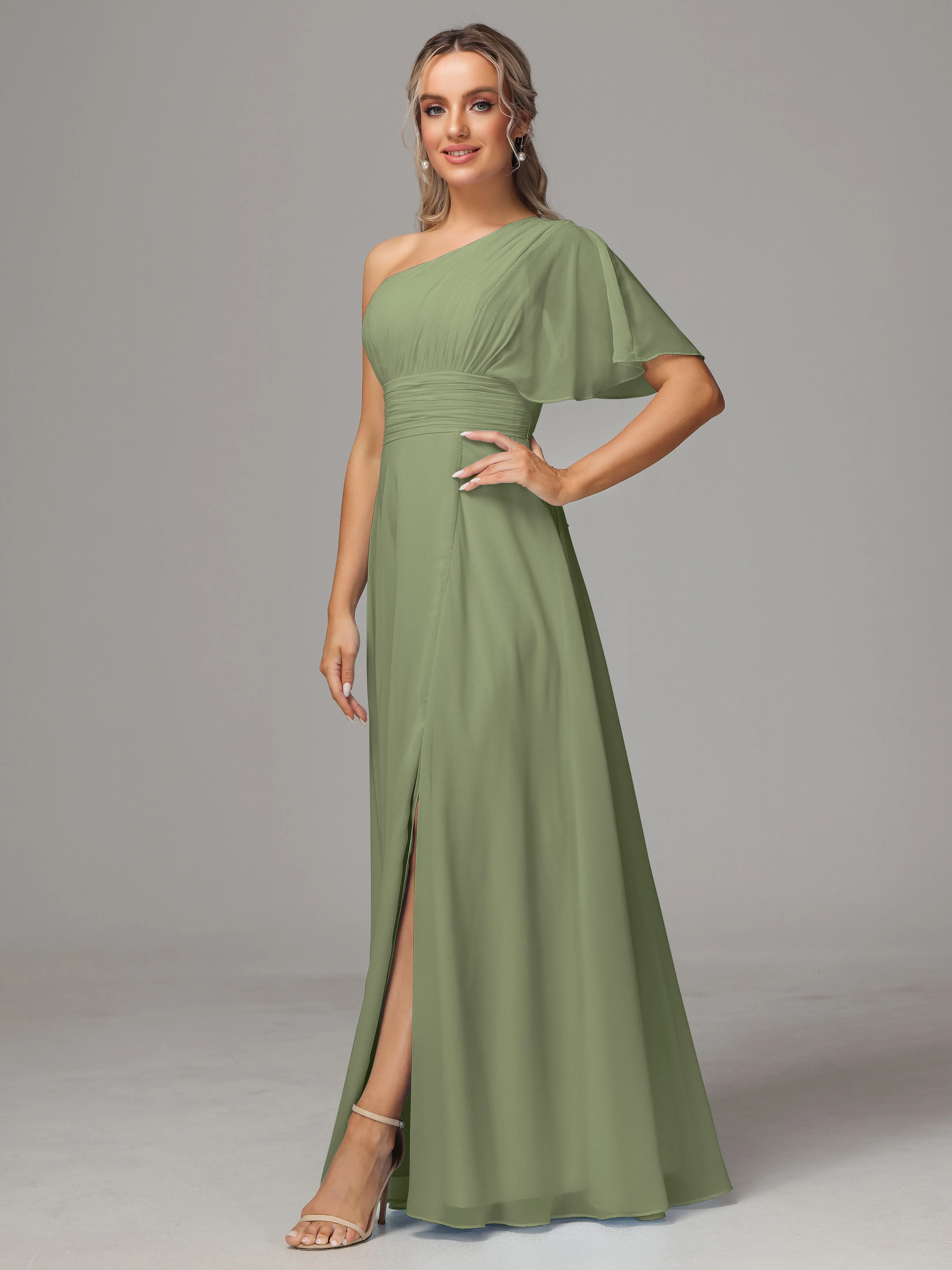 One Shoulder Chiffon Bridesmaid Dresses With Slit