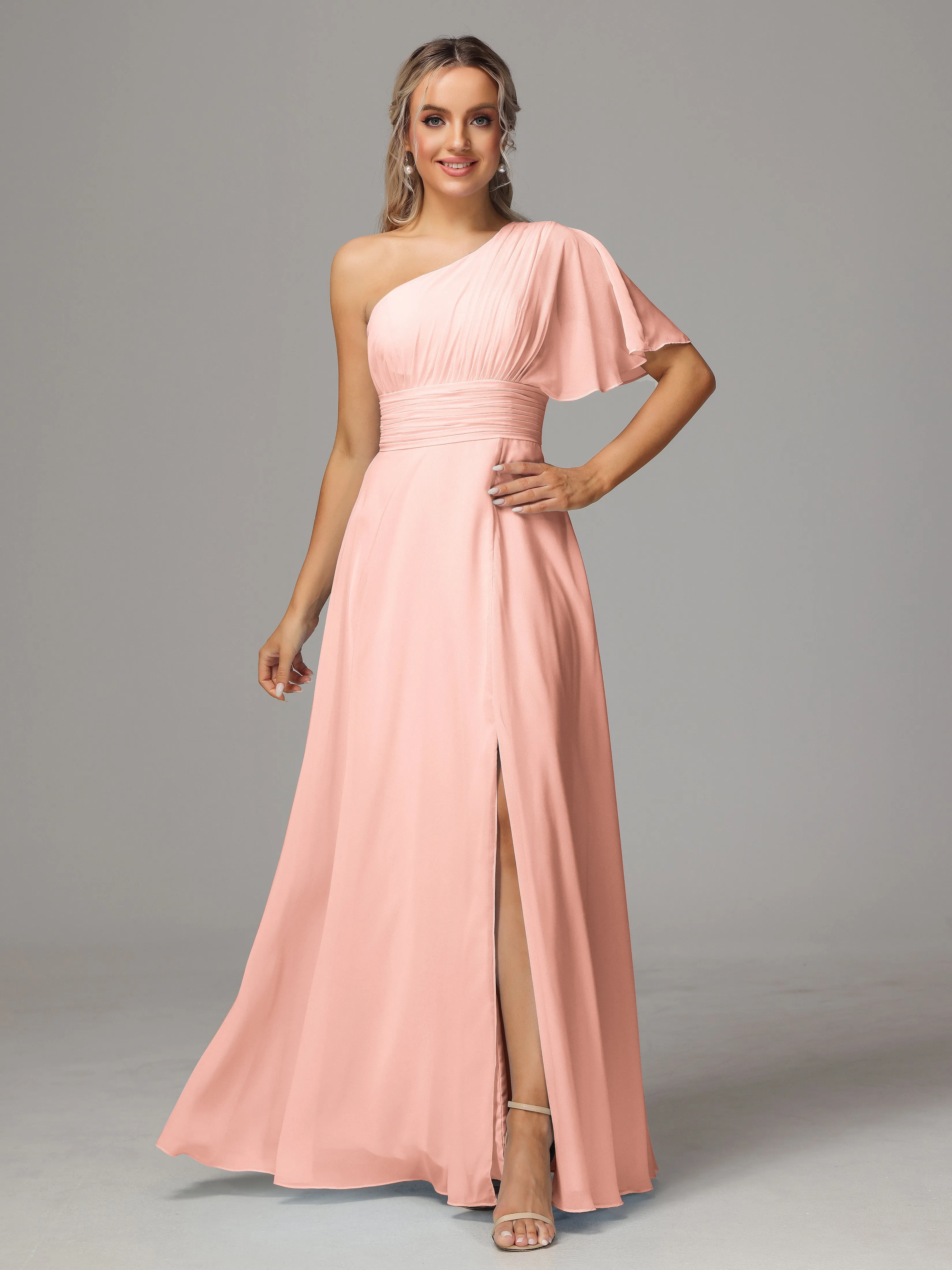 One Shoulder Chiffon Bridesmaid Dresses With Slit
