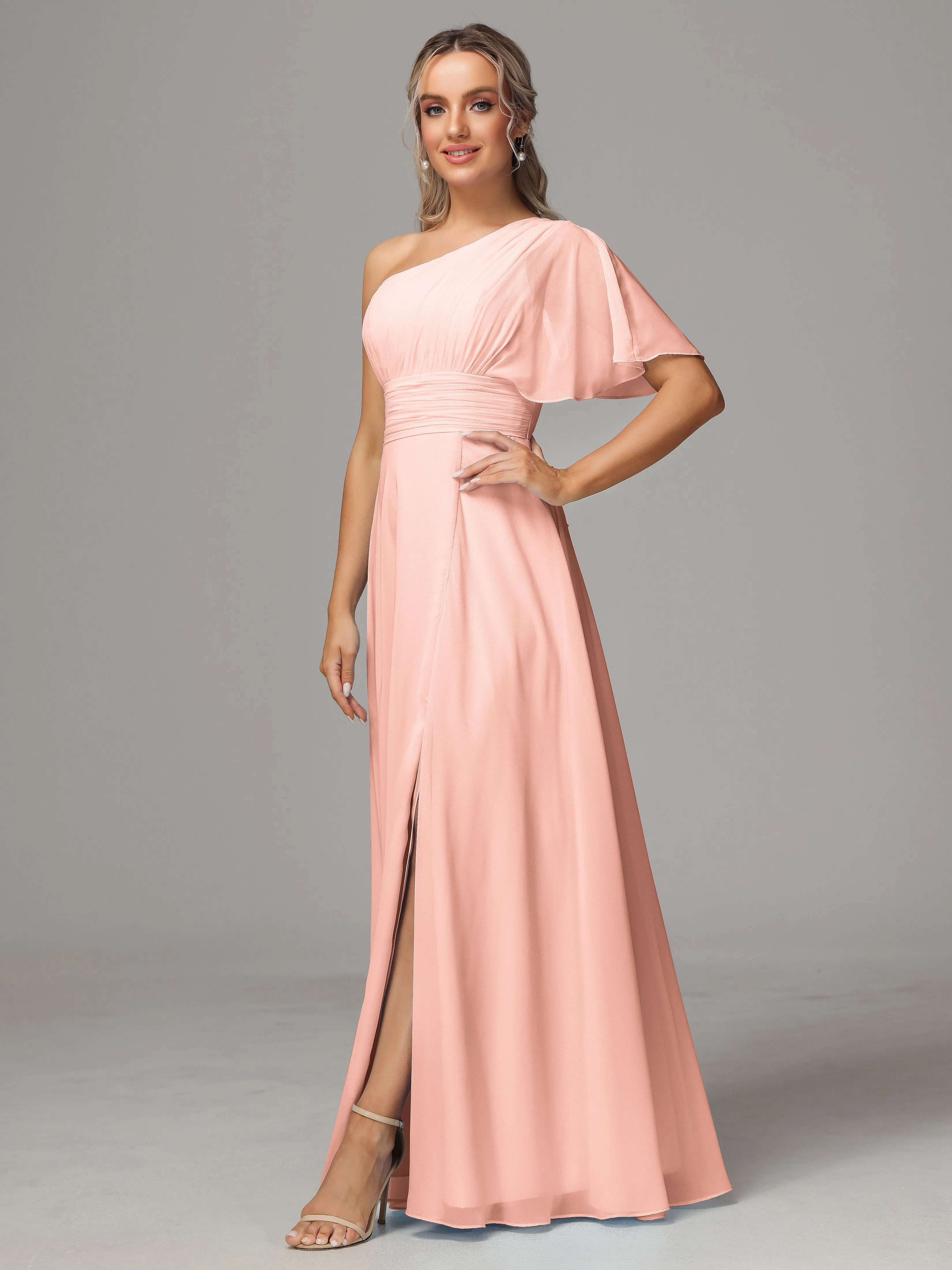 One Shoulder Chiffon Bridesmaid Dresses With Slit