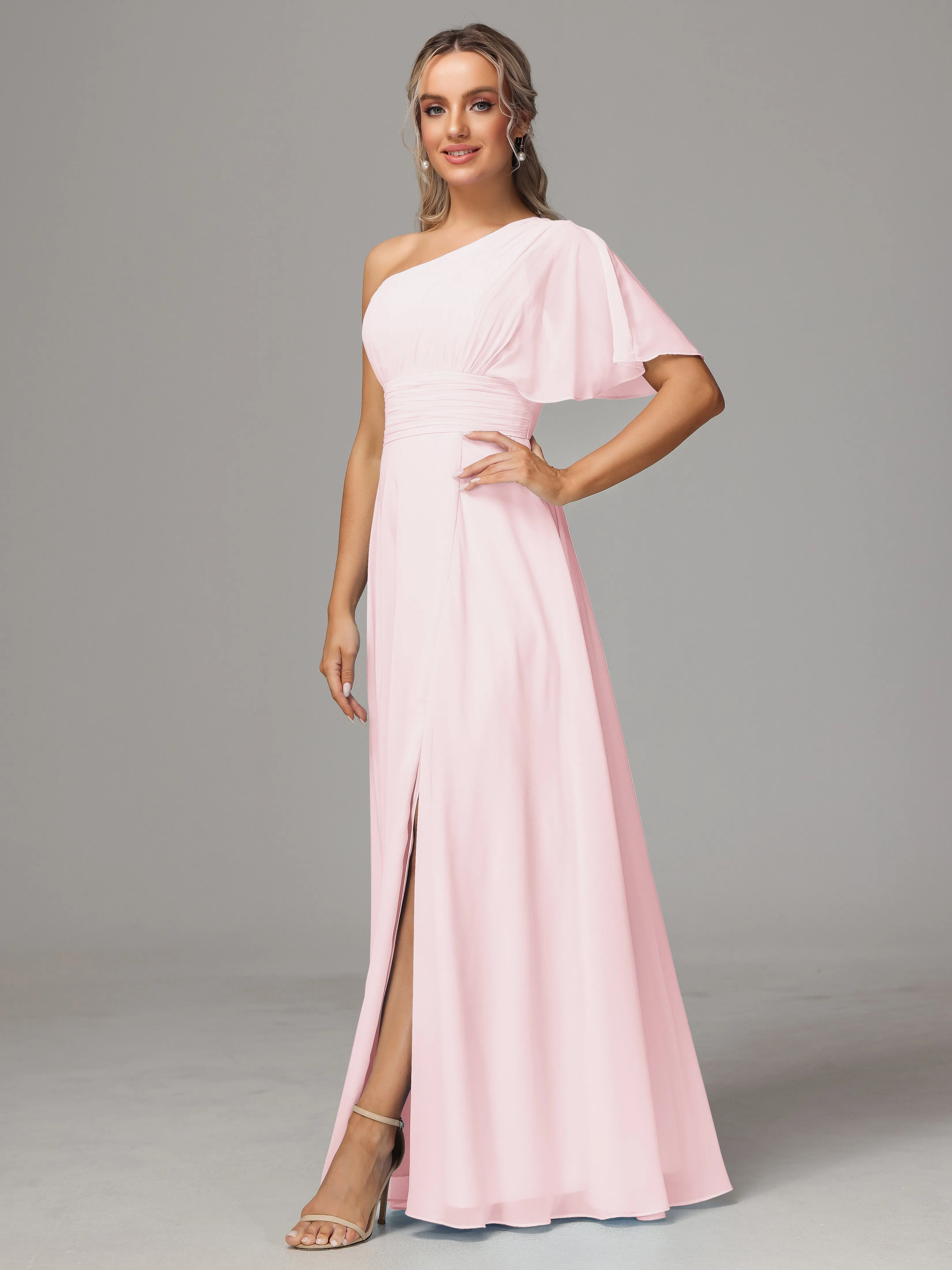 One Shoulder Chiffon Bridesmaid Dresses With Slit
