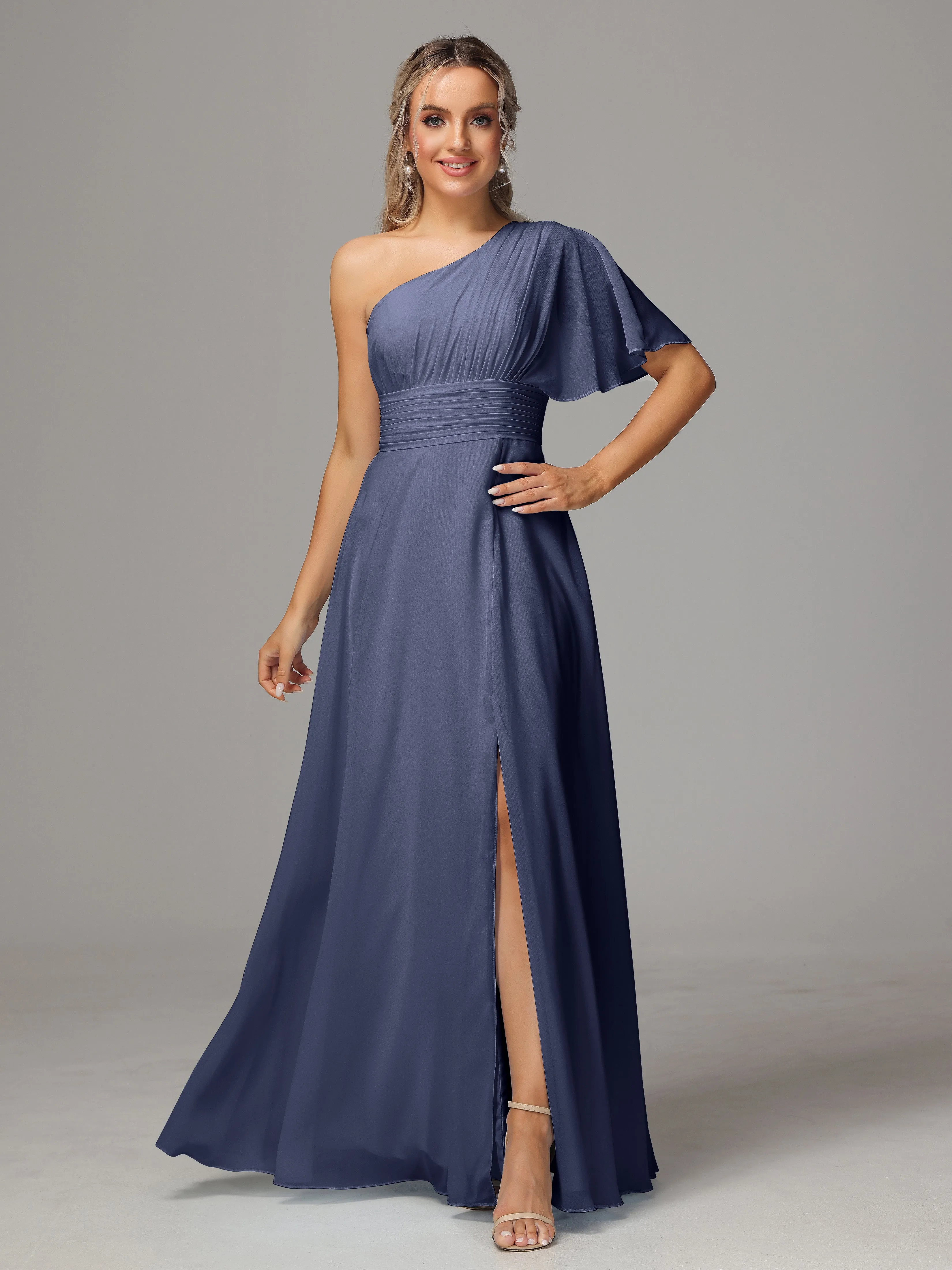 One Shoulder Chiffon Bridesmaid Dresses With Slit