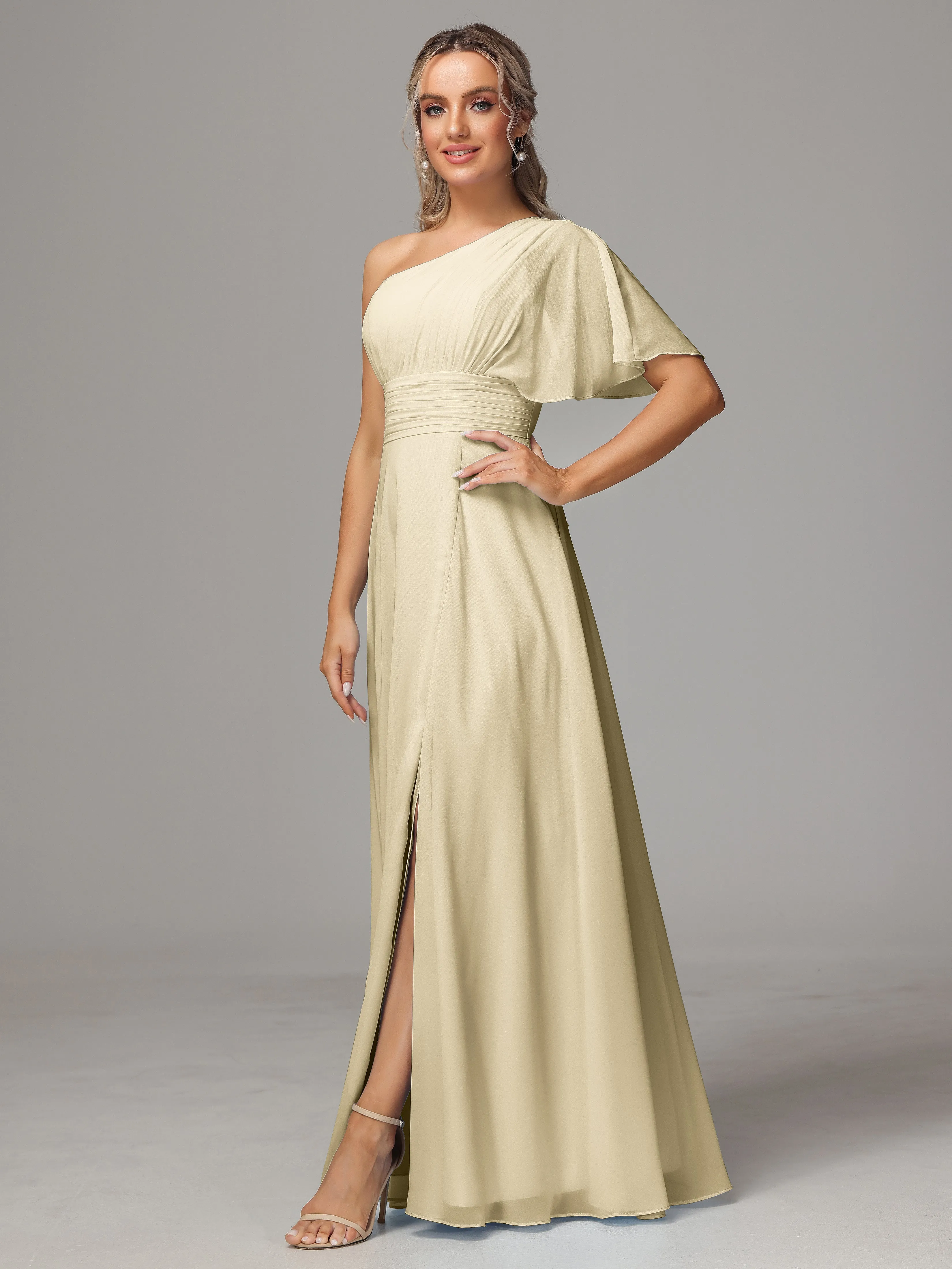 One Shoulder Chiffon Bridesmaid Dresses With Slit