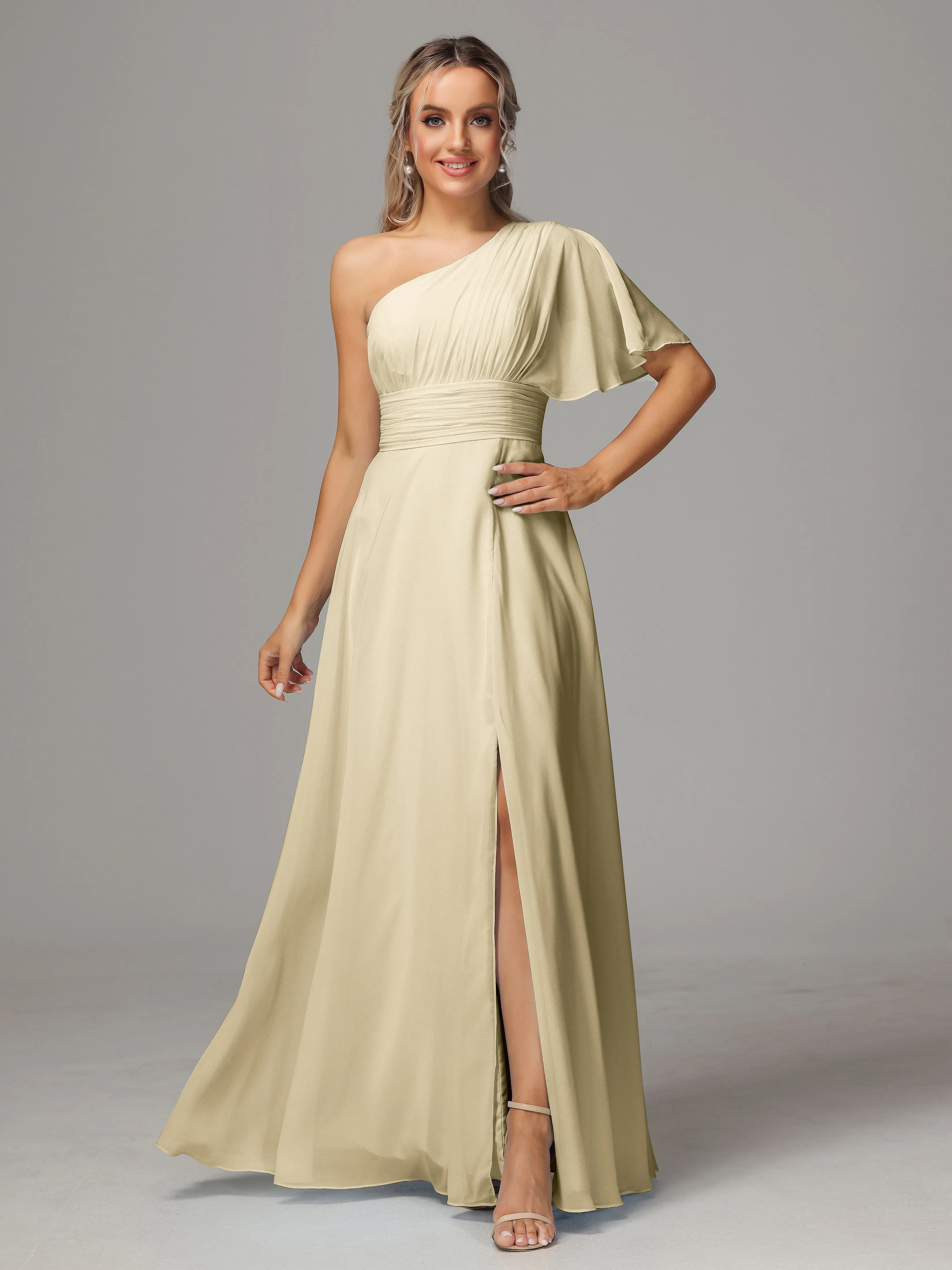 One Shoulder Chiffon Bridesmaid Dresses With Slit