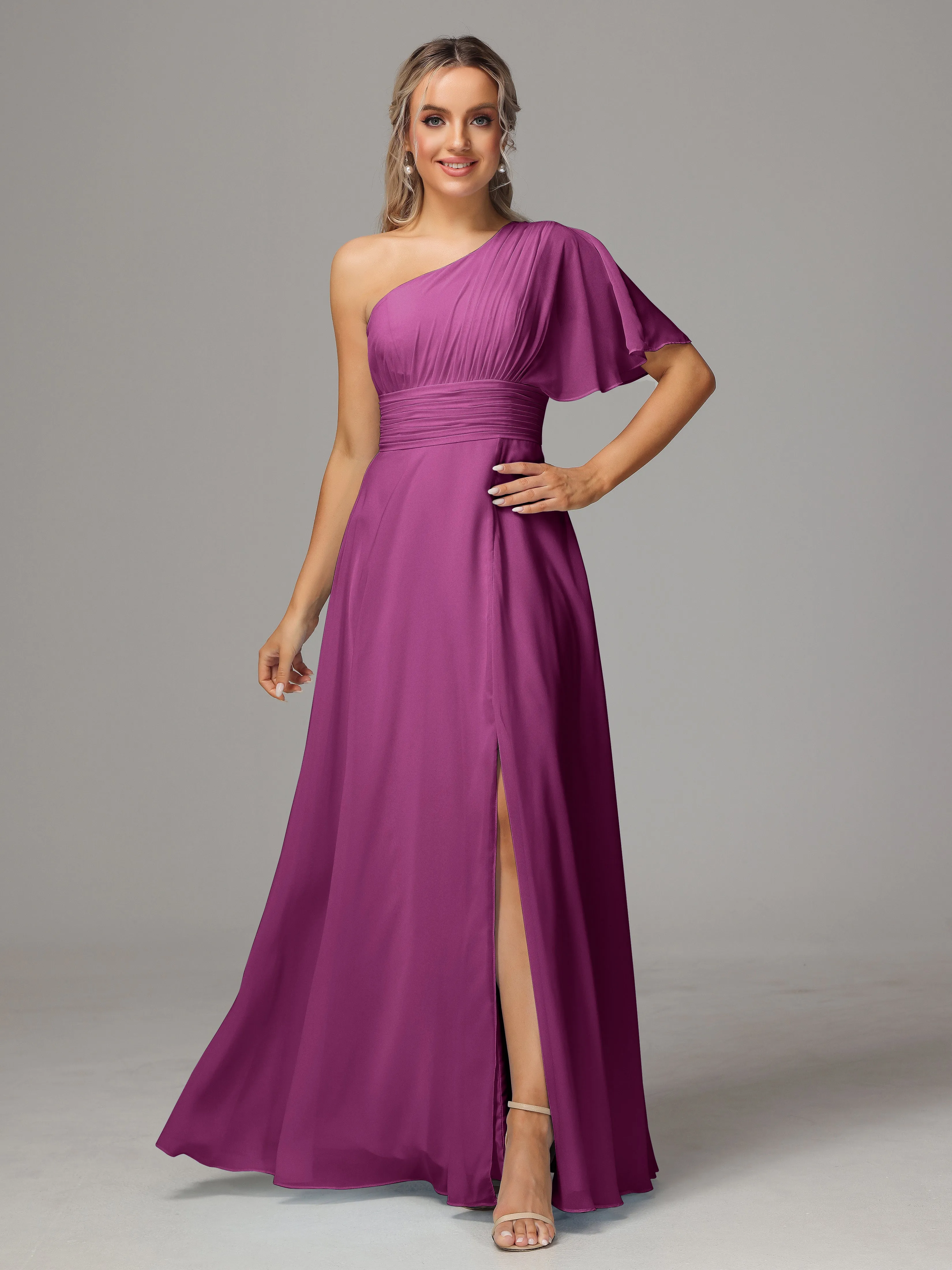 One Shoulder Chiffon Bridesmaid Dresses With Slit