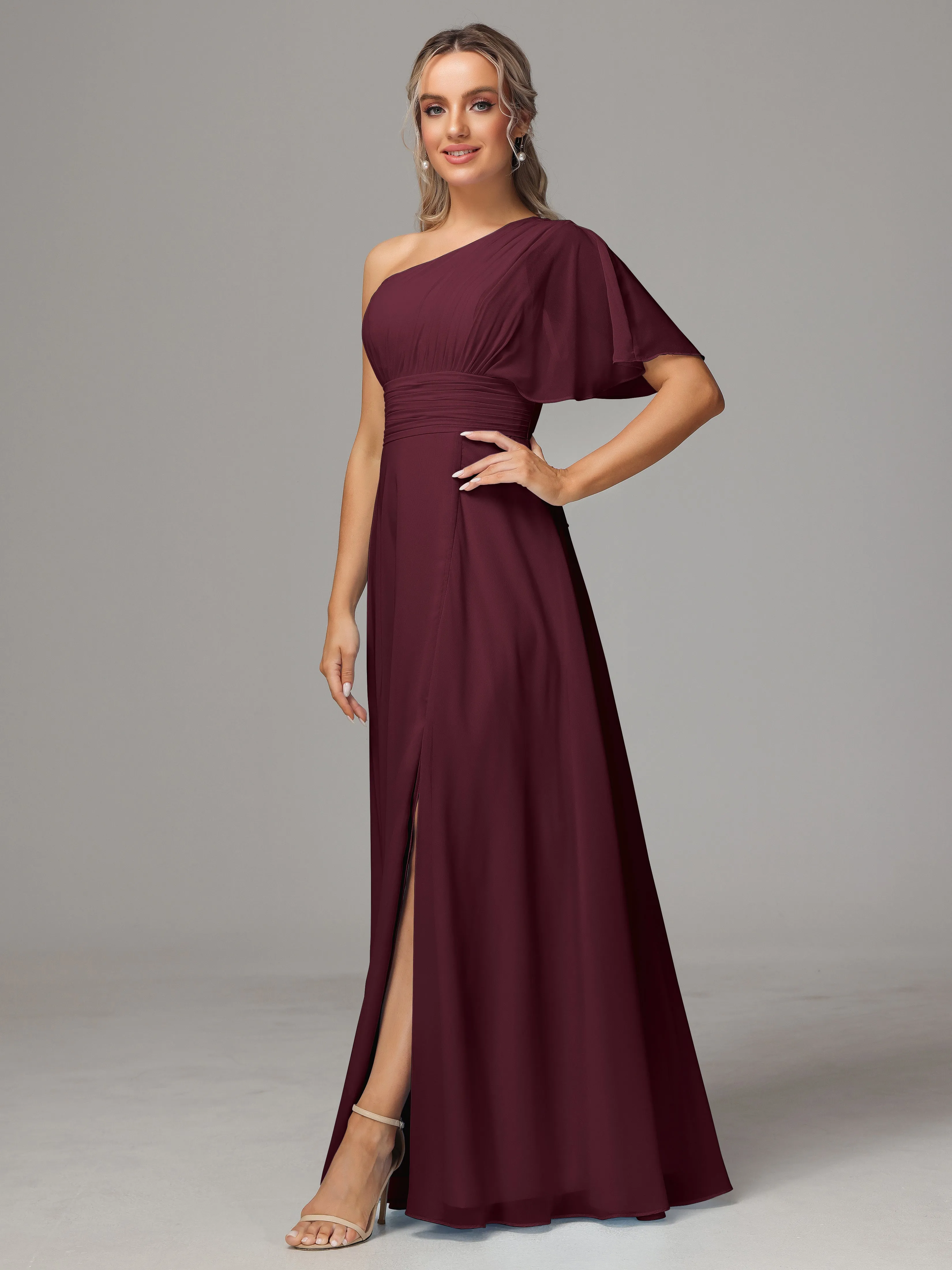 One Shoulder Chiffon Bridesmaid Dresses With Slit