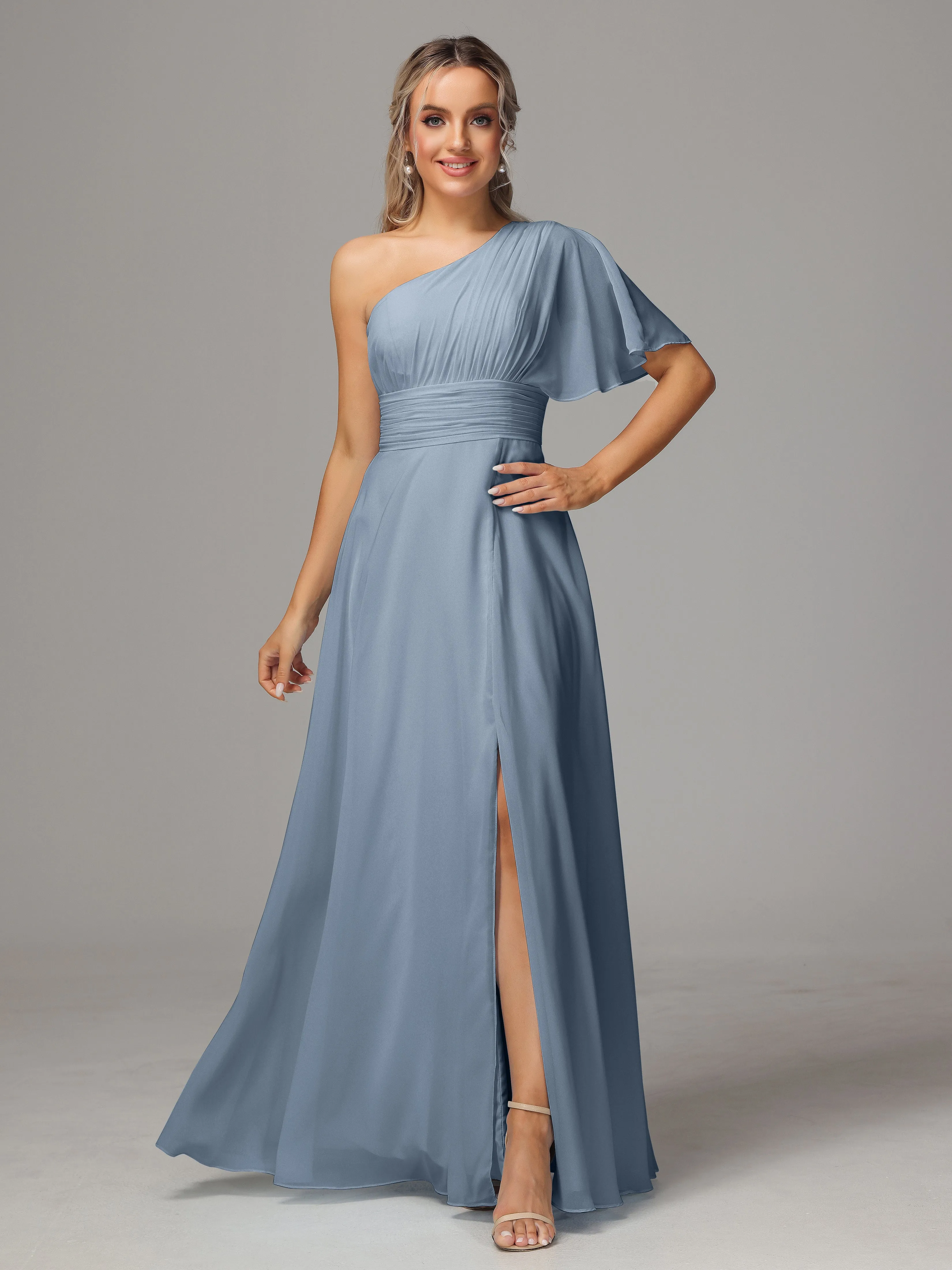 One Shoulder Chiffon Bridesmaid Dresses With Slit