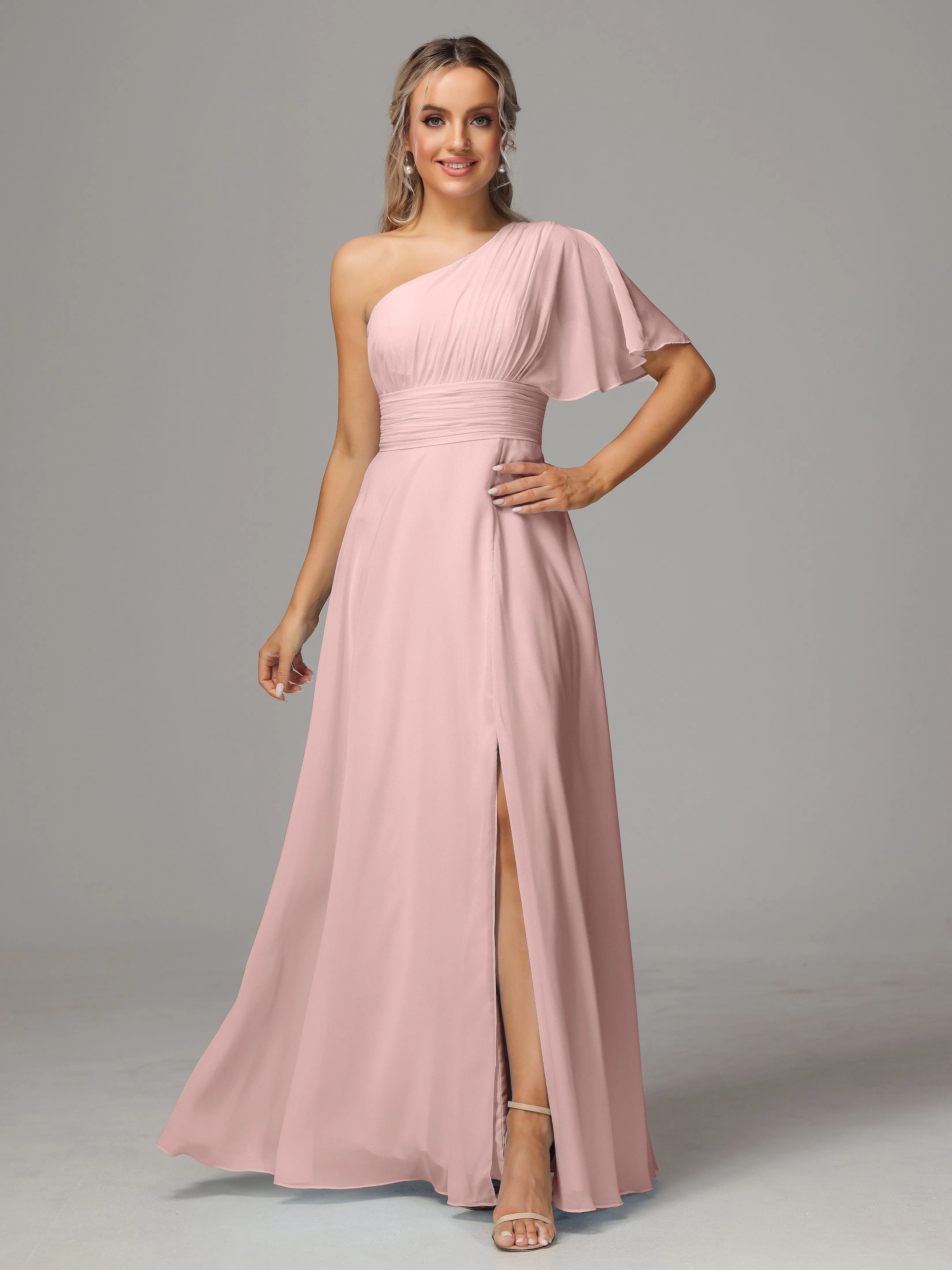 One Shoulder Chiffon Bridesmaid Dresses With Slit
