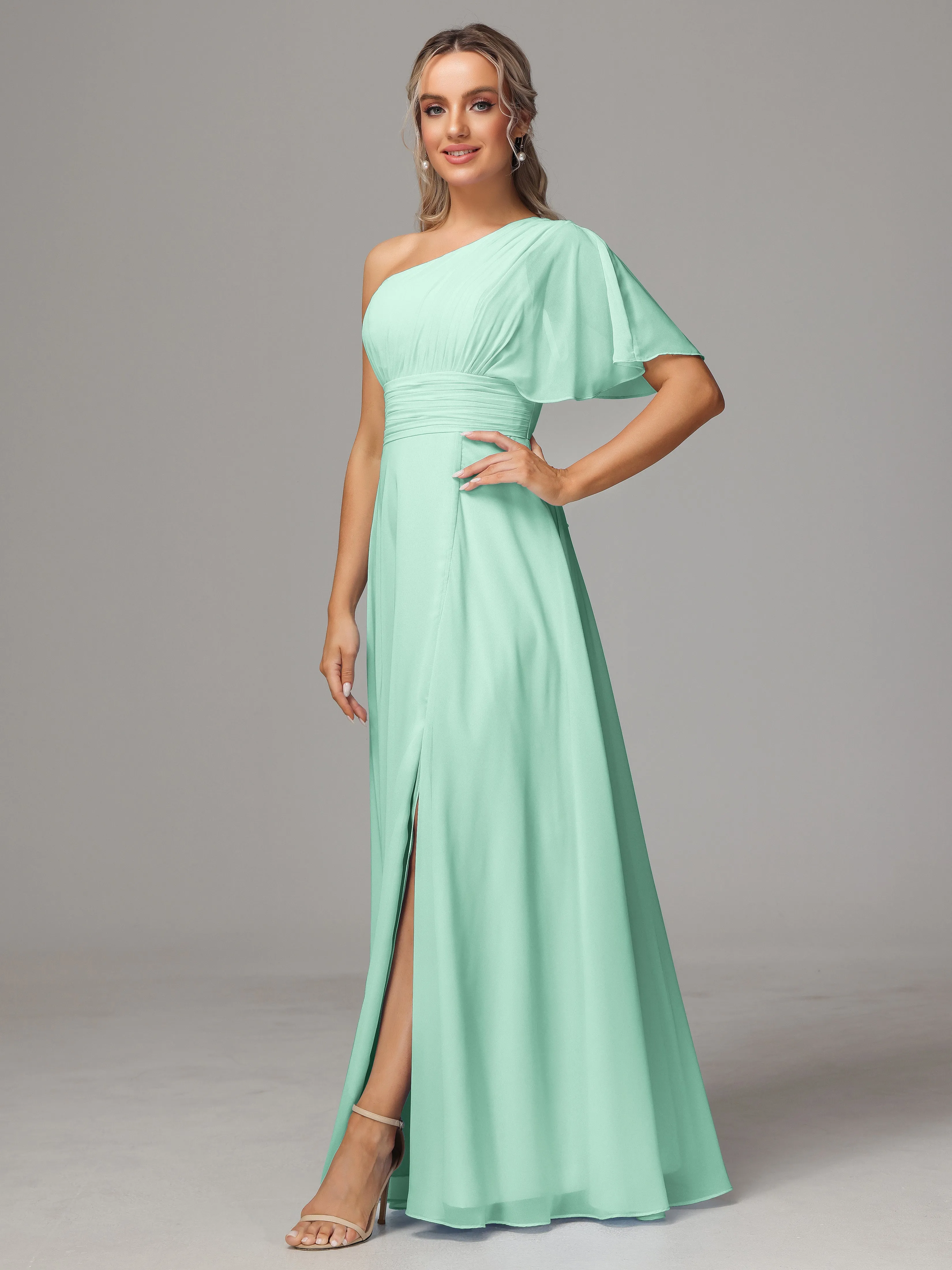 One Shoulder Chiffon Bridesmaid Dresses With Slit