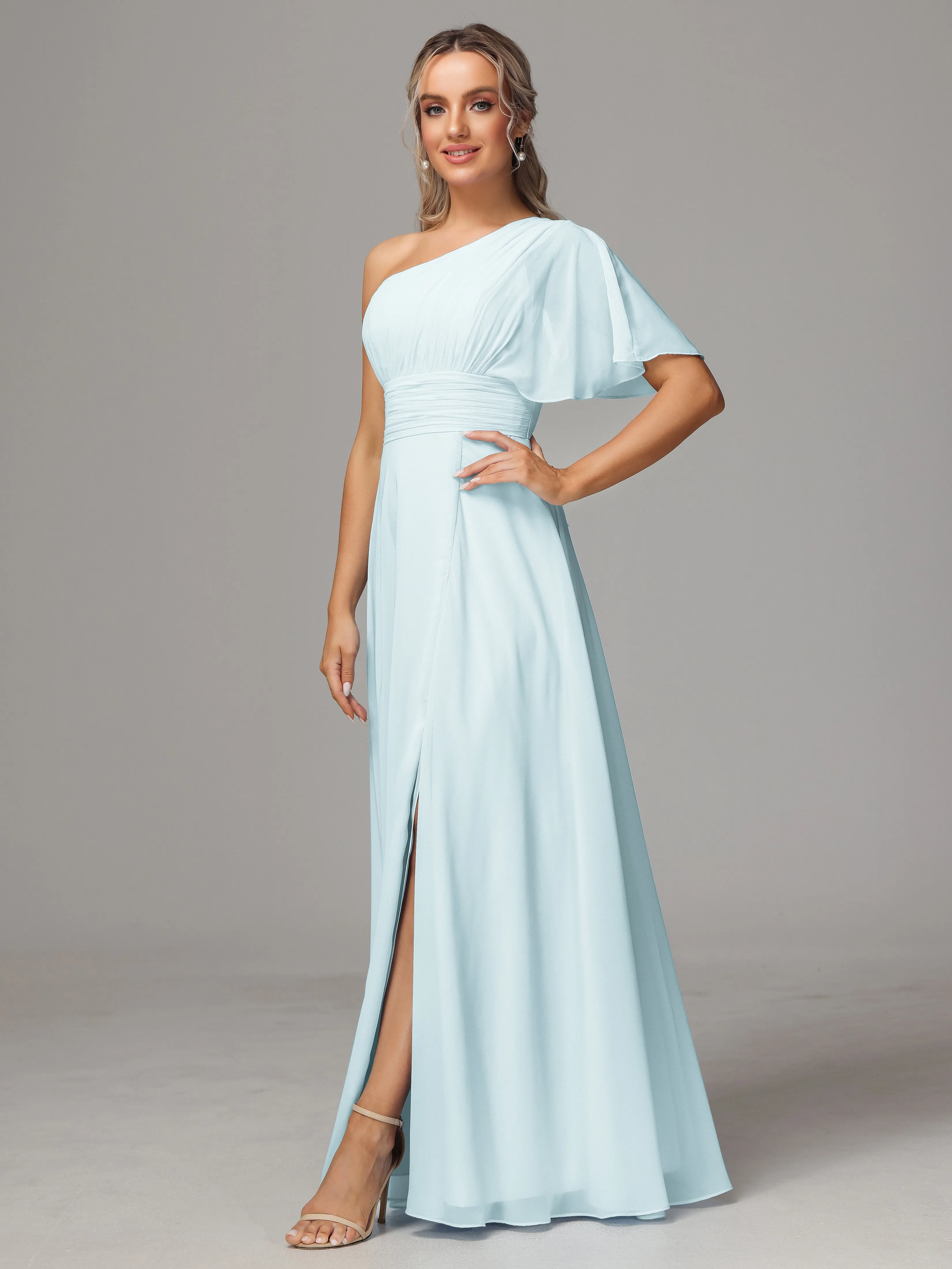 One Shoulder Chiffon Bridesmaid Dresses With Slit