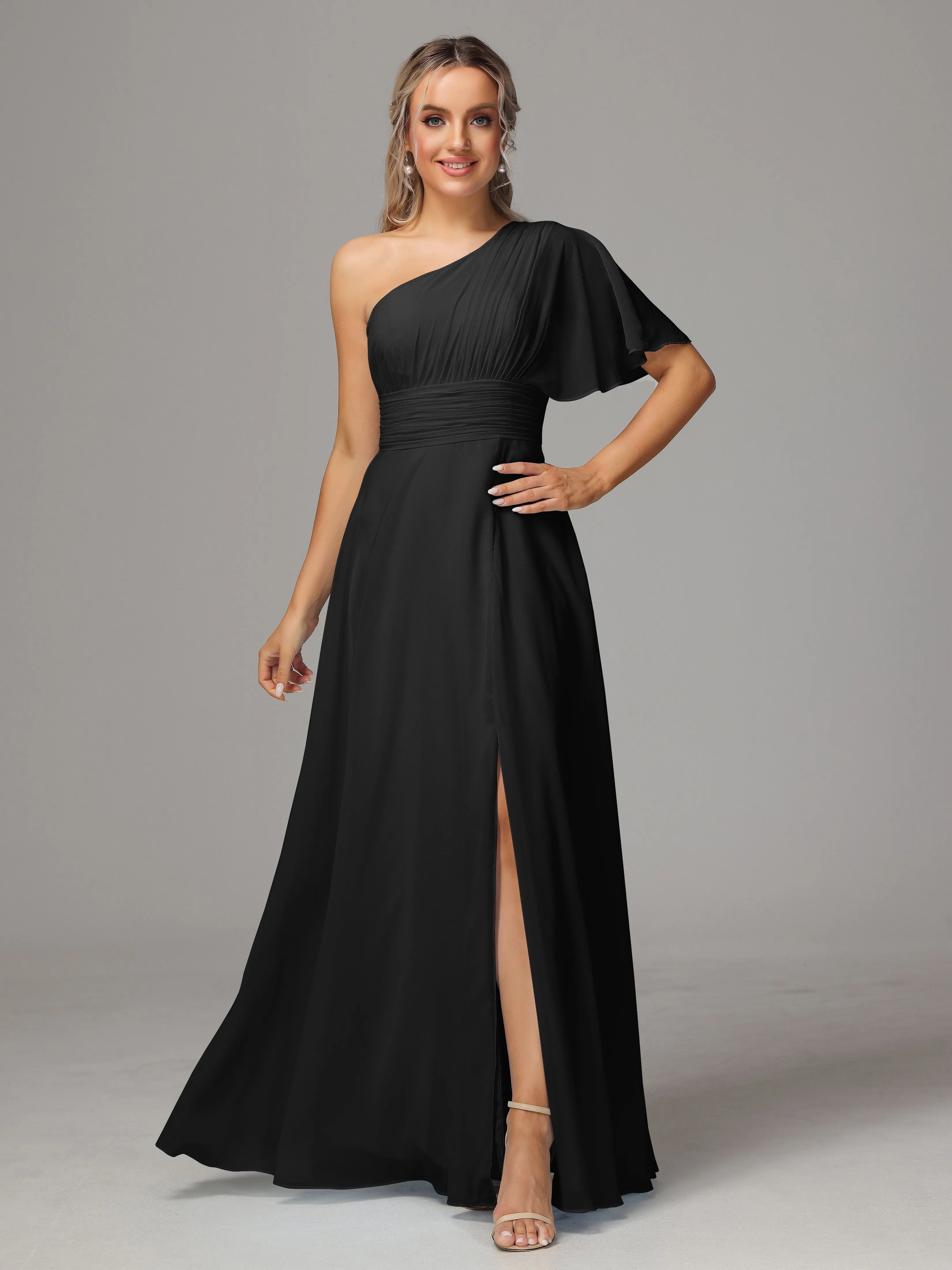 One Shoulder Chiffon Bridesmaid Dresses With Slit