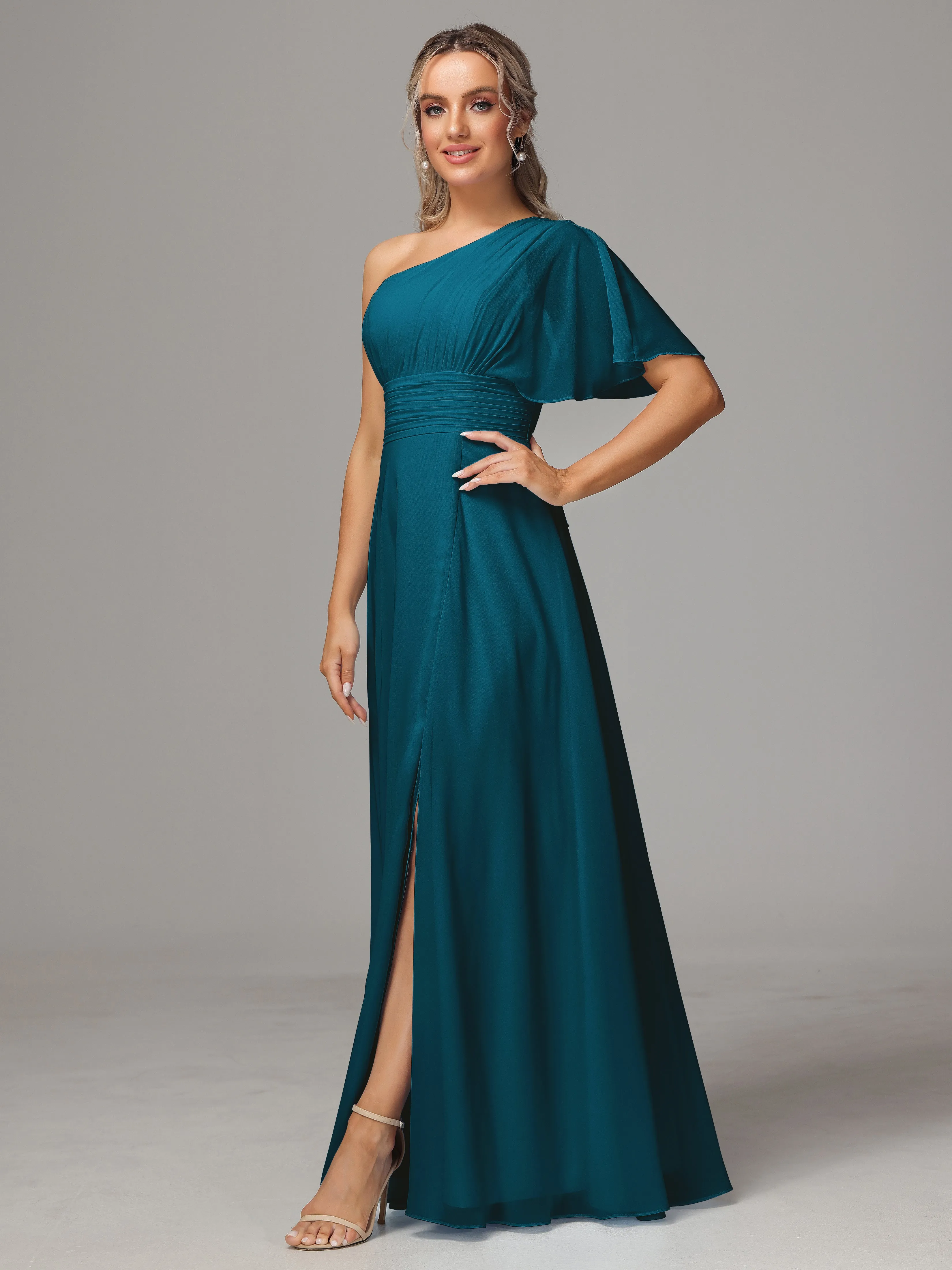 One Shoulder Chiffon Bridesmaid Dresses With Slit