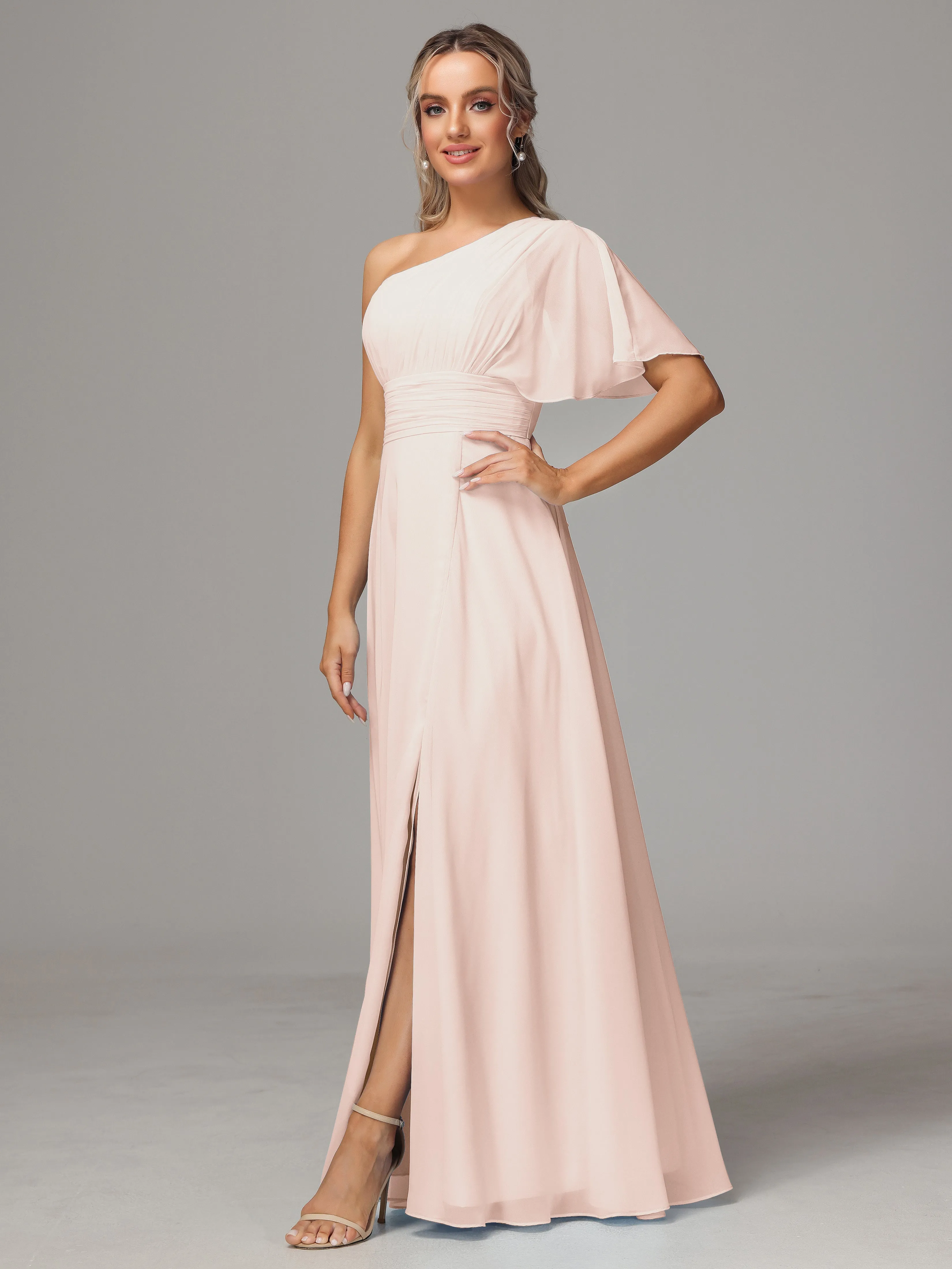 One Shoulder Chiffon Bridesmaid Dresses With Slit