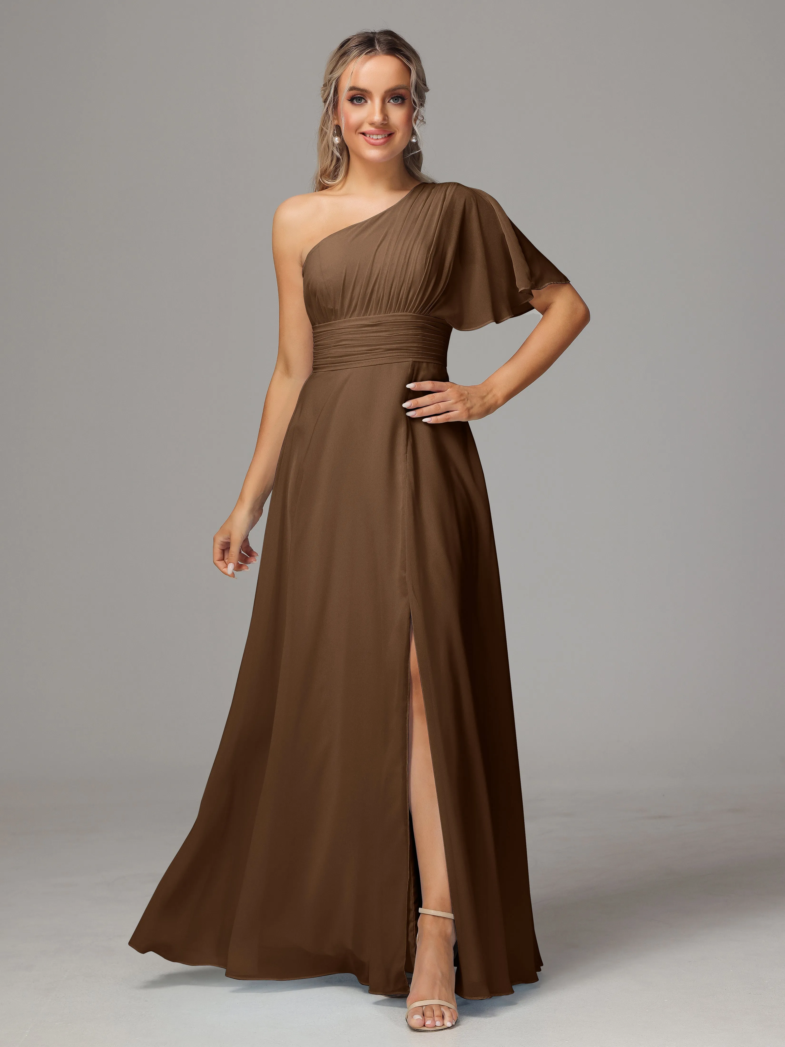 One Shoulder Chiffon Bridesmaid Dresses With Slit