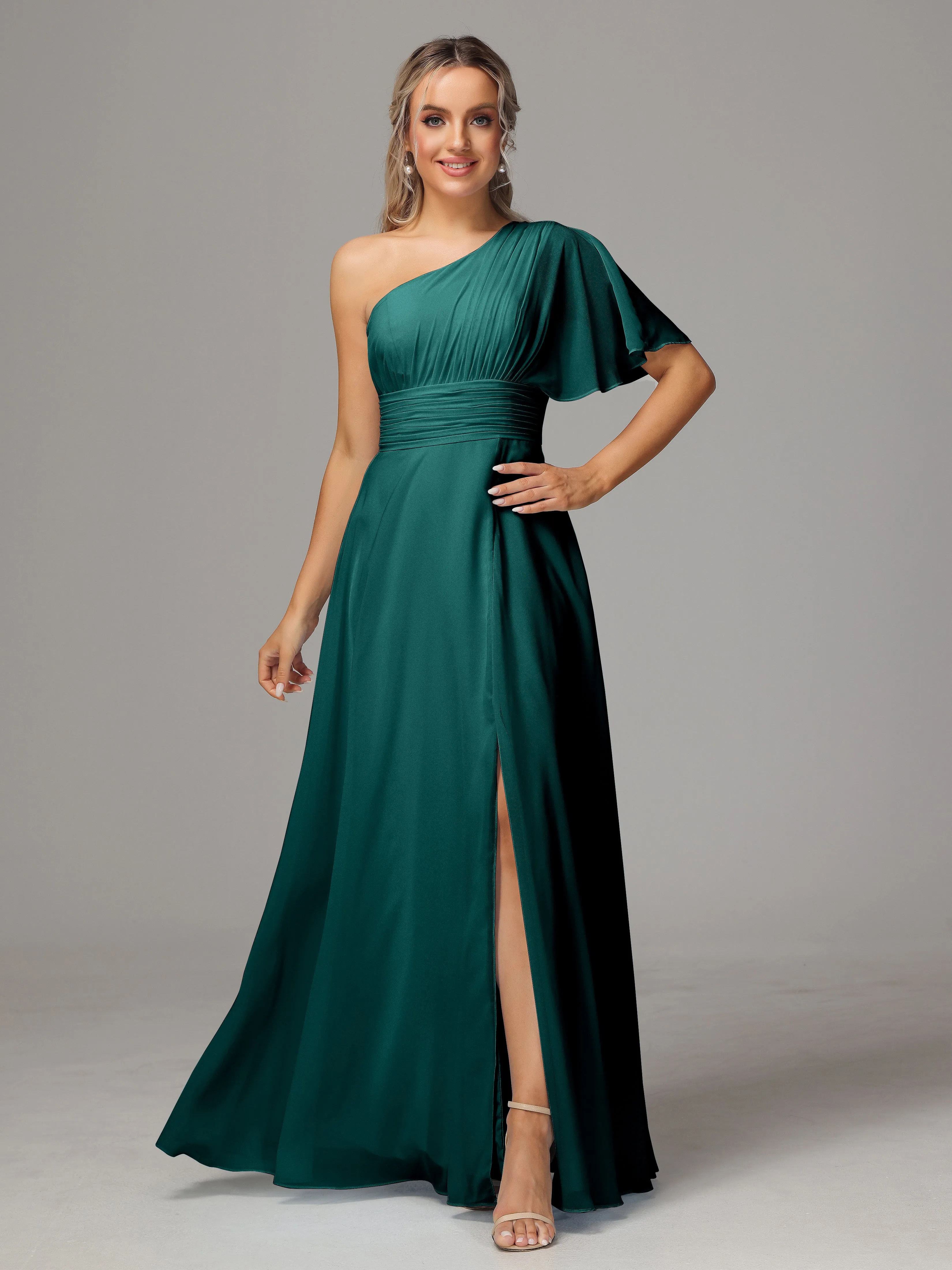 One Shoulder Chiffon Bridesmaid Dresses With Slit