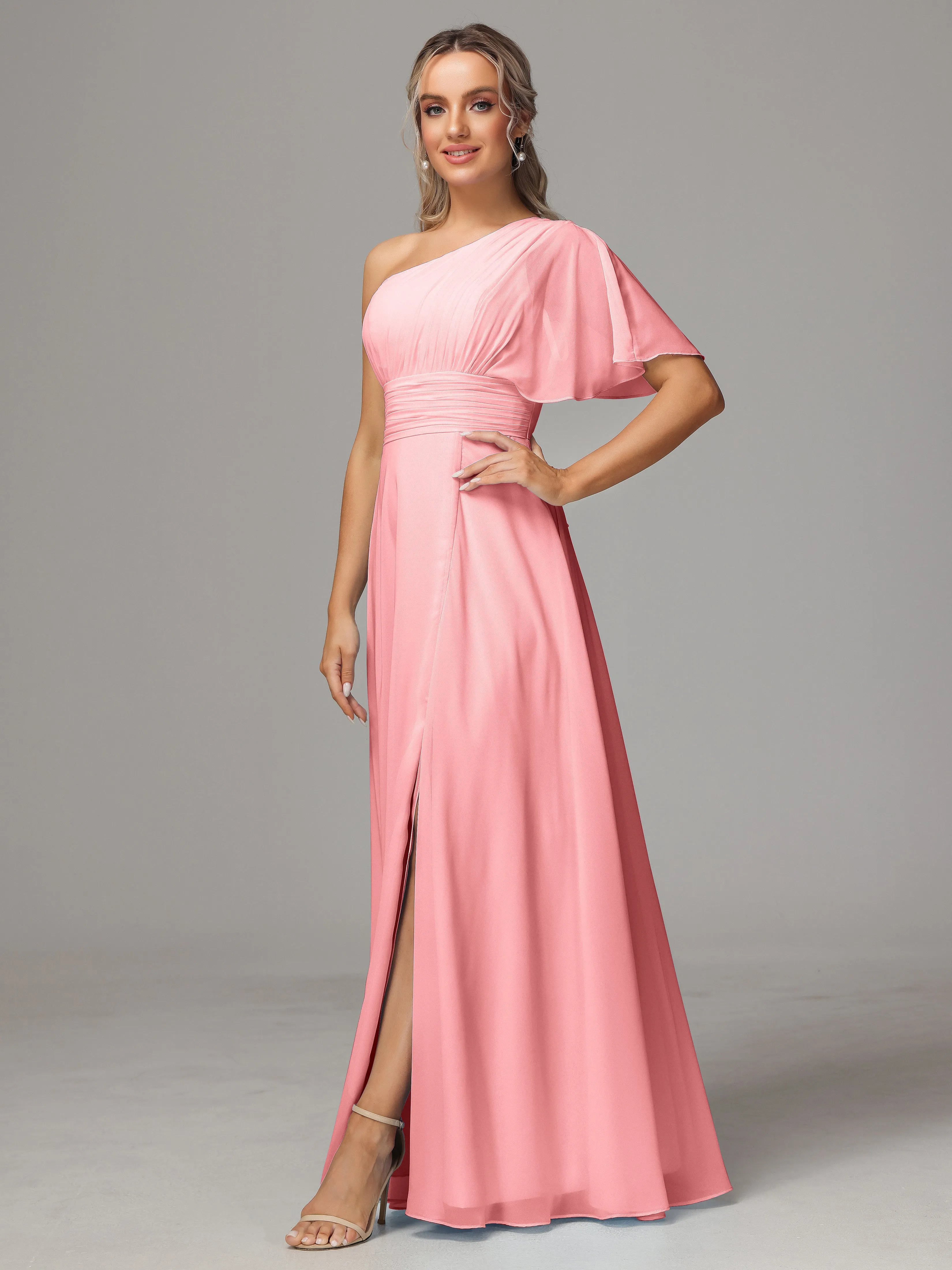 One Shoulder Chiffon Bridesmaid Dresses With Slit