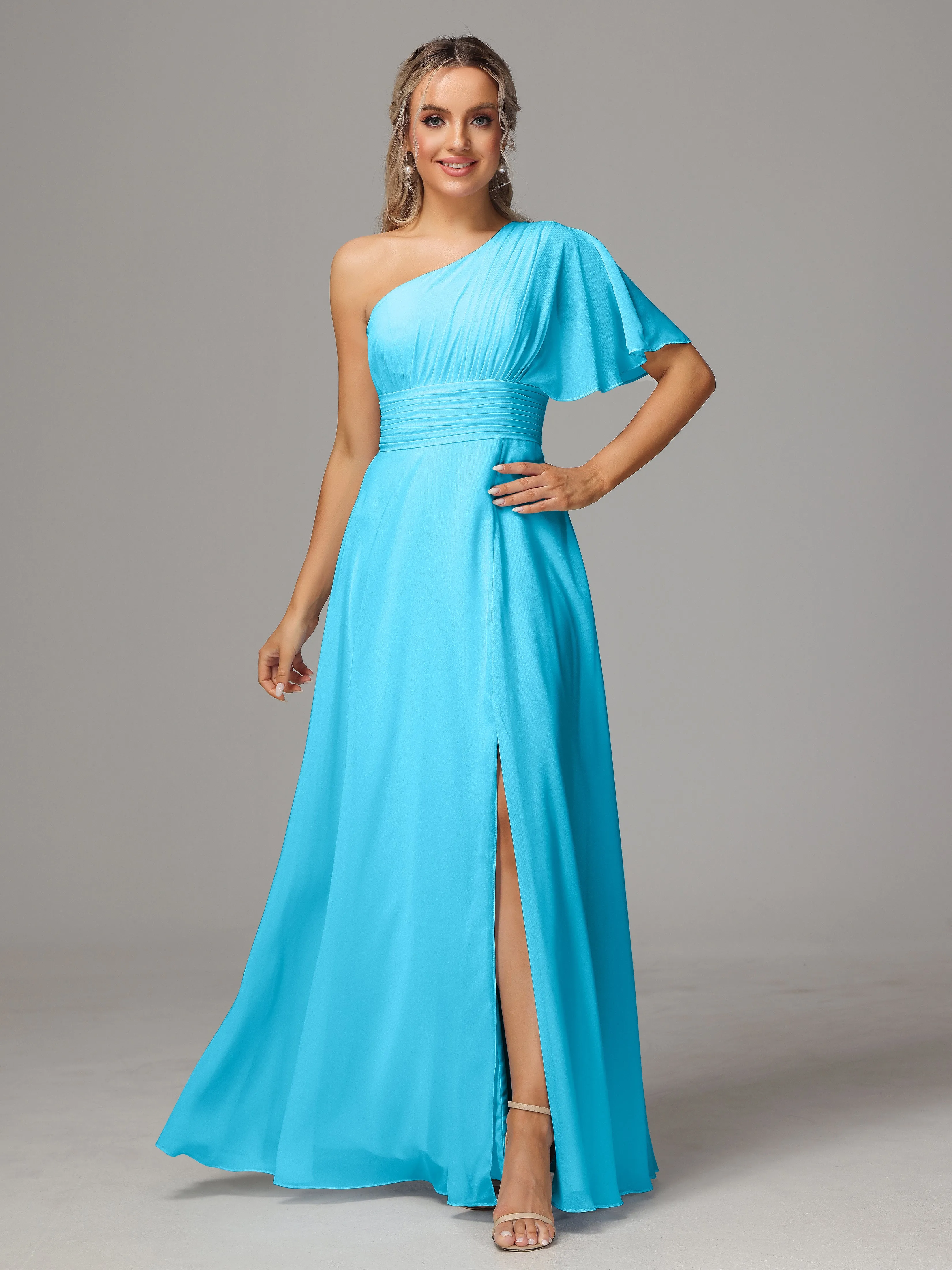 One Shoulder Chiffon Bridesmaid Dresses With Slit