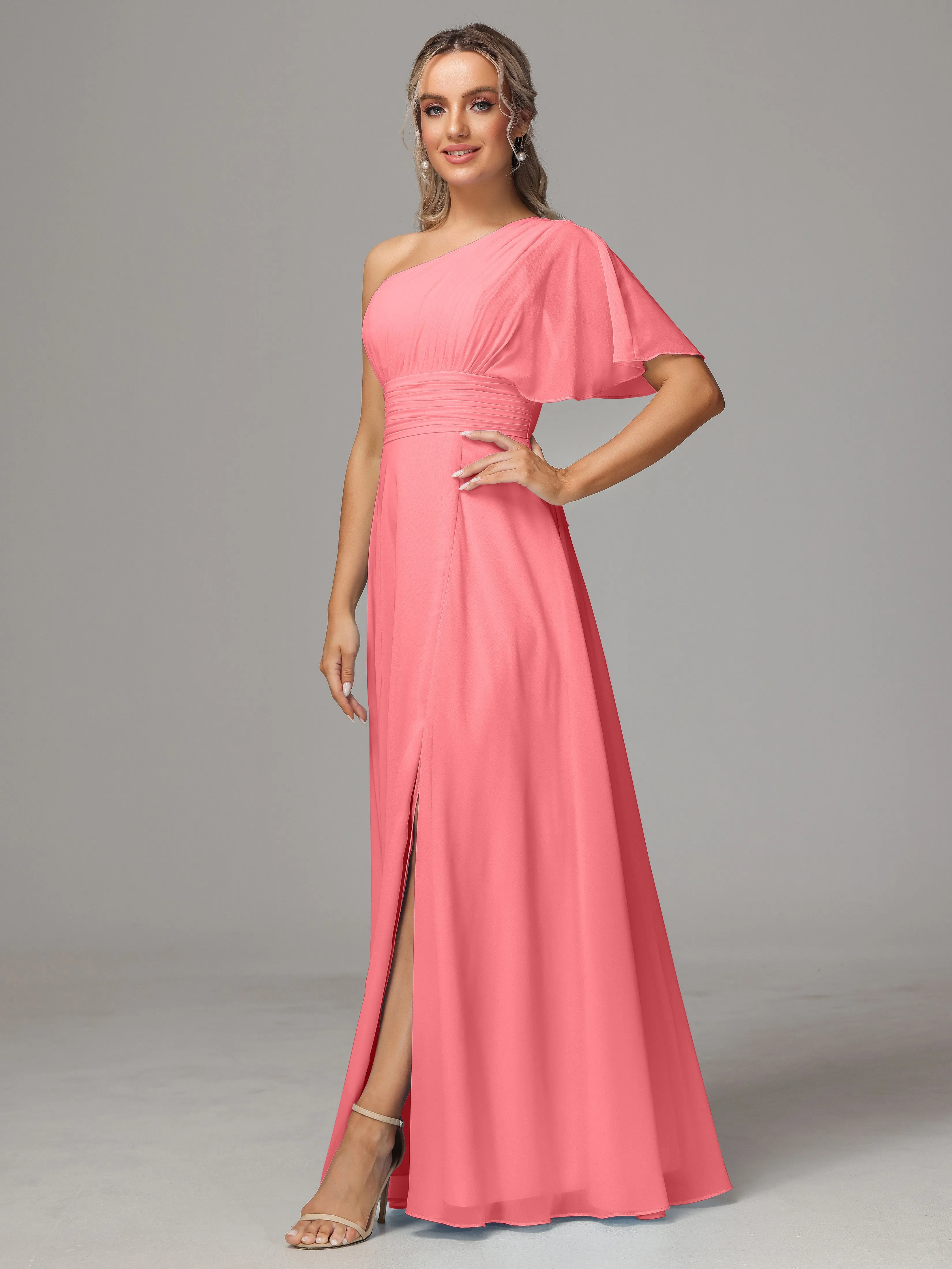 One Shoulder Chiffon Bridesmaid Dresses With Slit