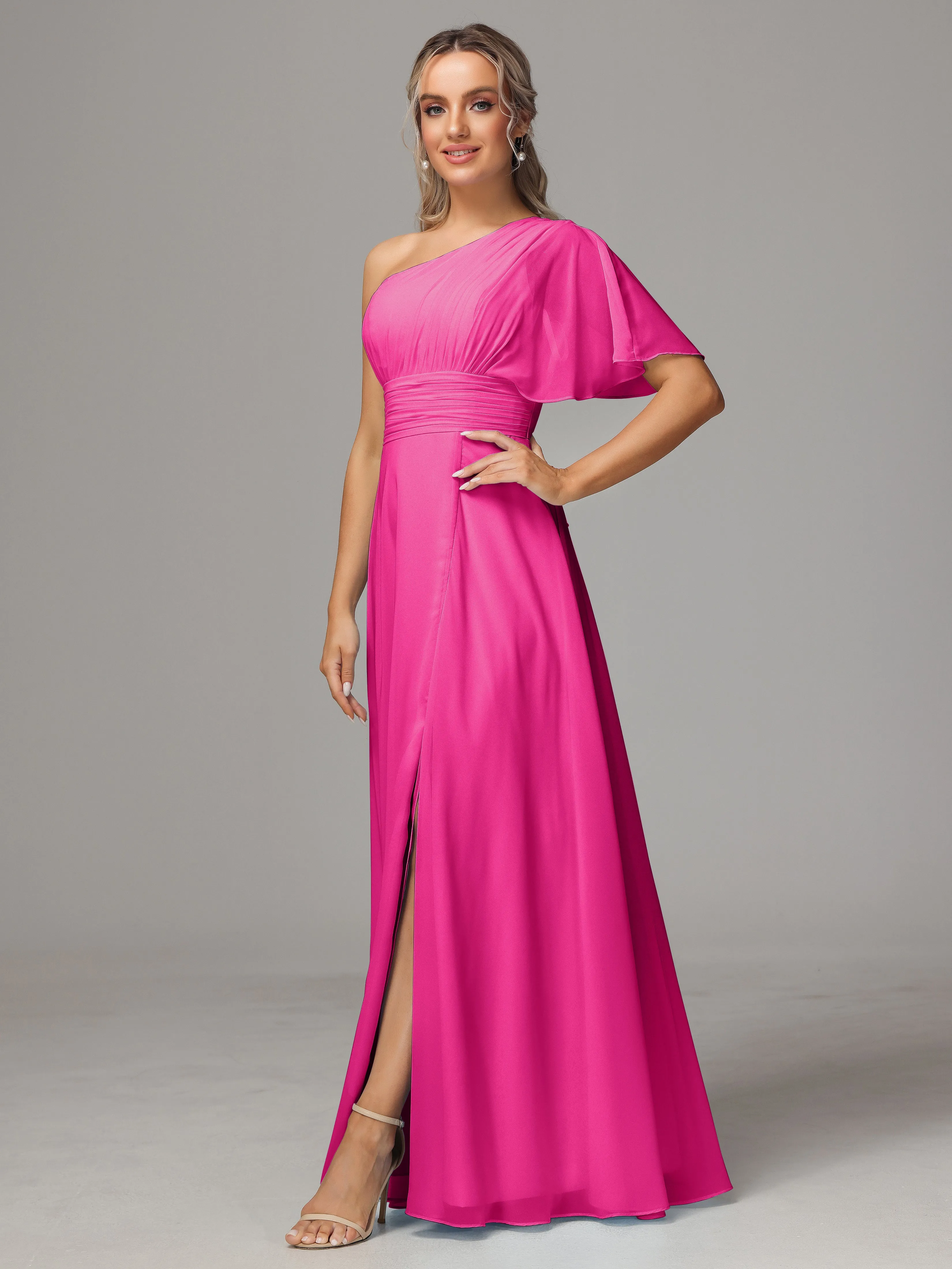 One Shoulder Chiffon Bridesmaid Dresses With Slit