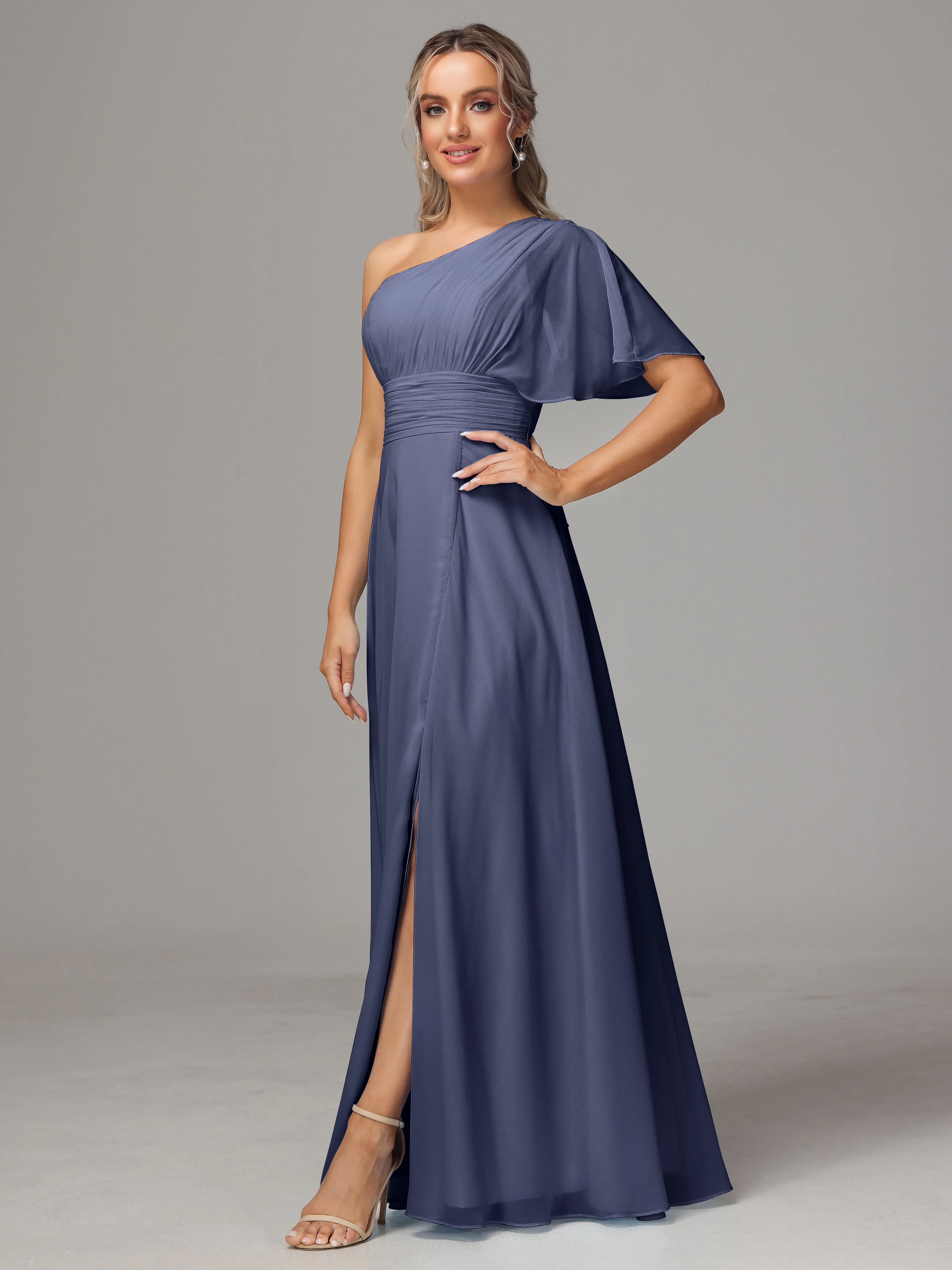 One Shoulder Chiffon Bridesmaid Dresses With Slit