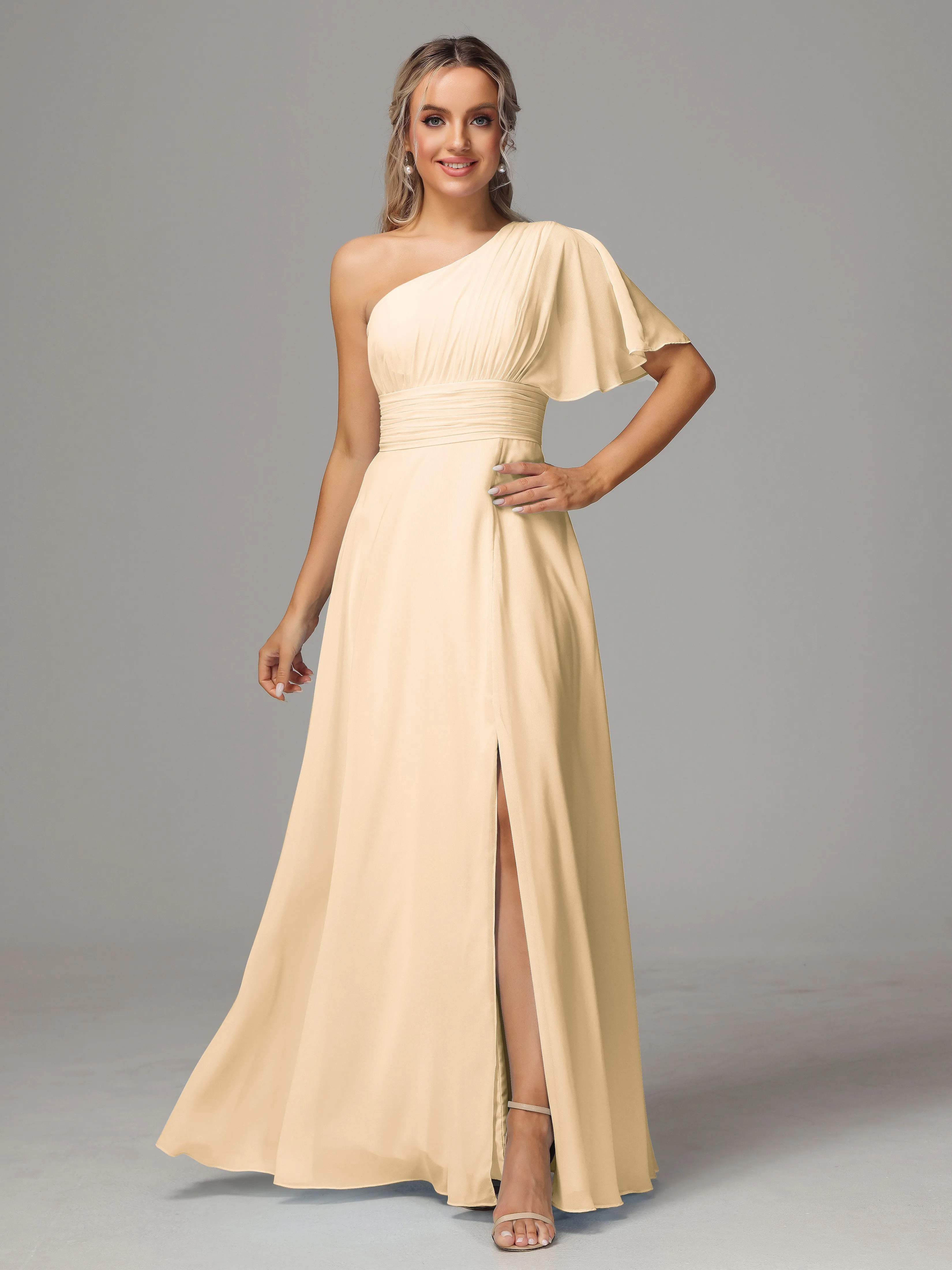 One Shoulder Chiffon Bridesmaid Dresses With Slit