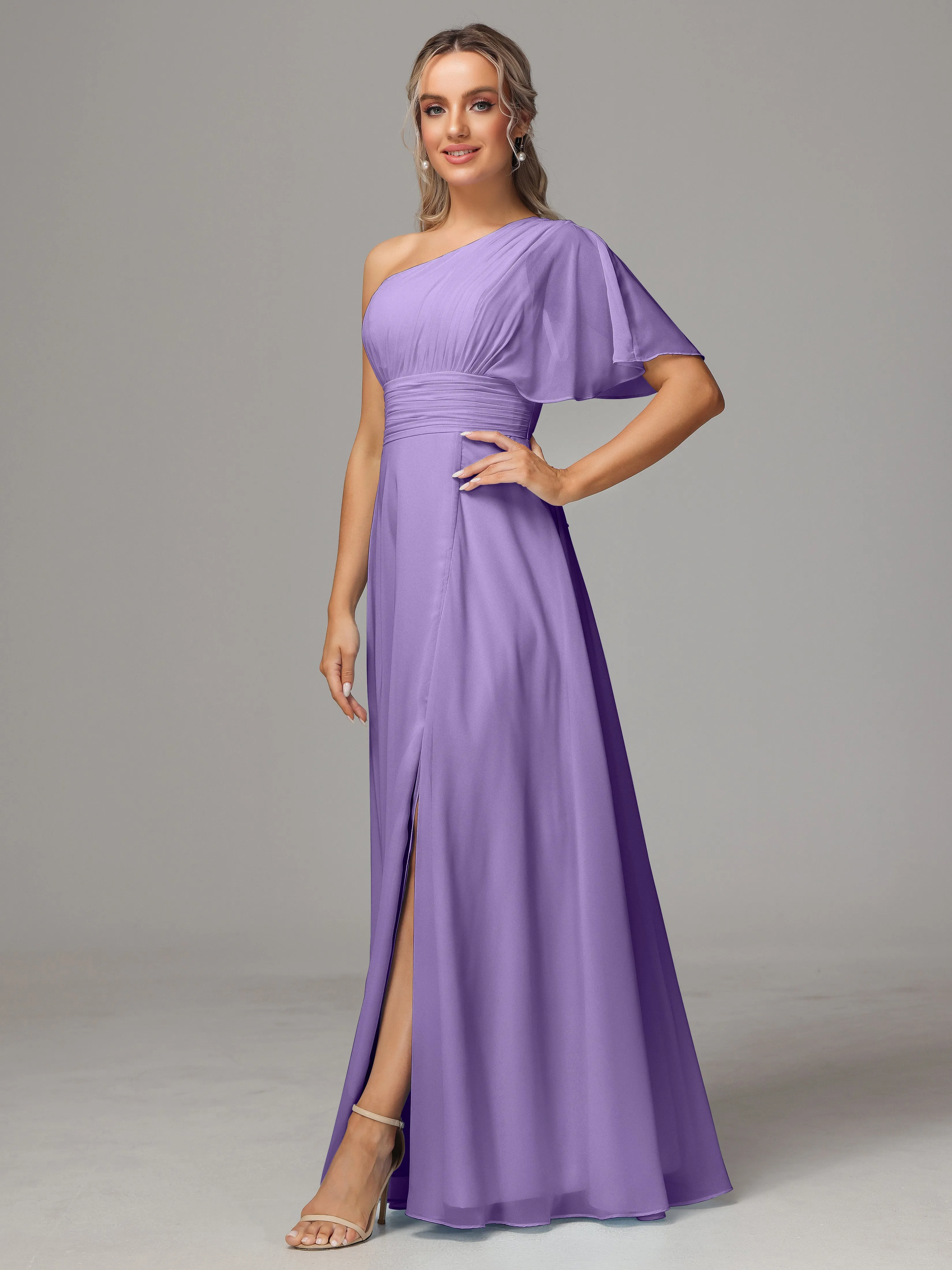 One Shoulder Chiffon Bridesmaid Dresses With Slit