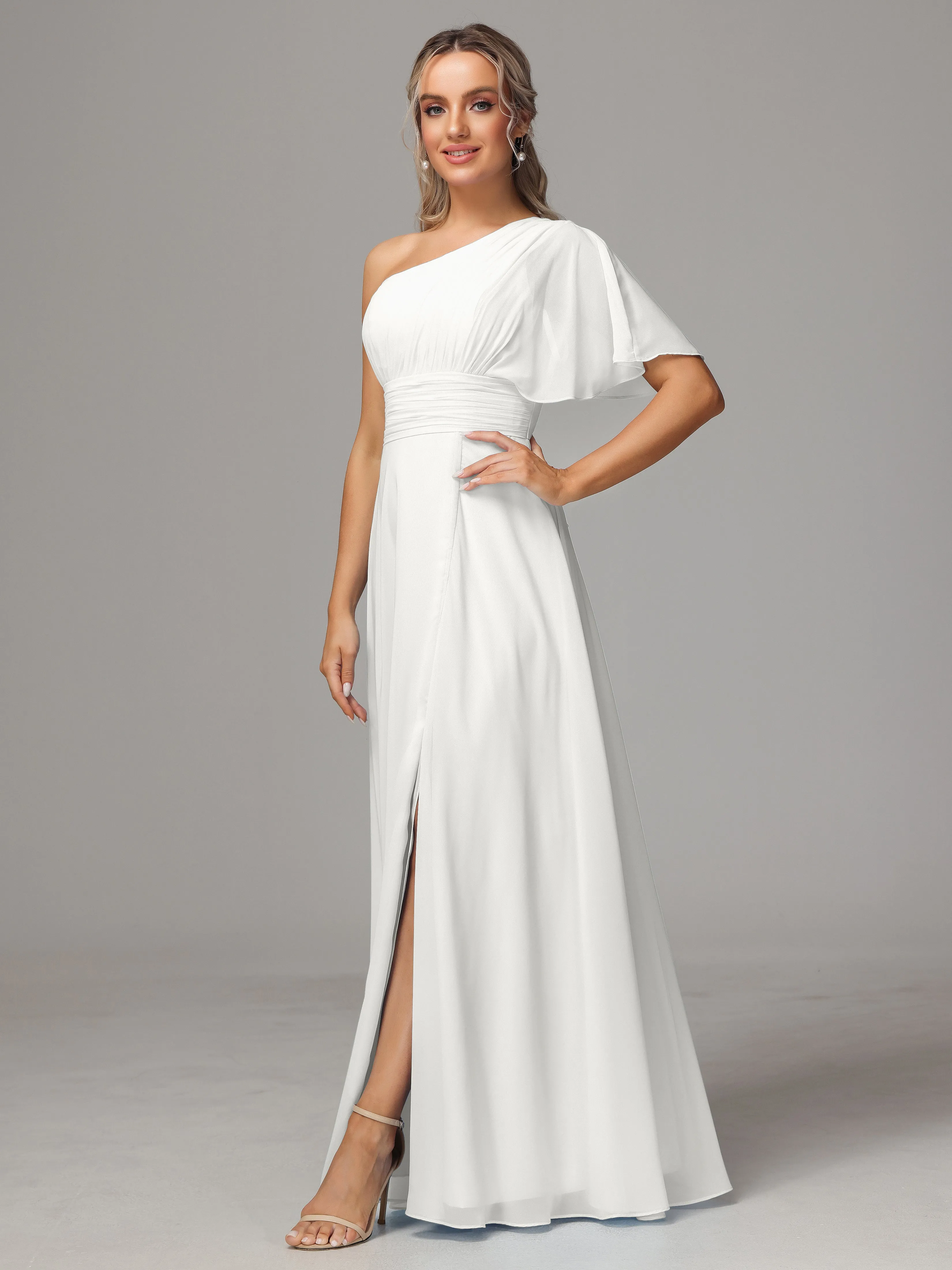 One Shoulder Chiffon Bridesmaid Dresses With Slit