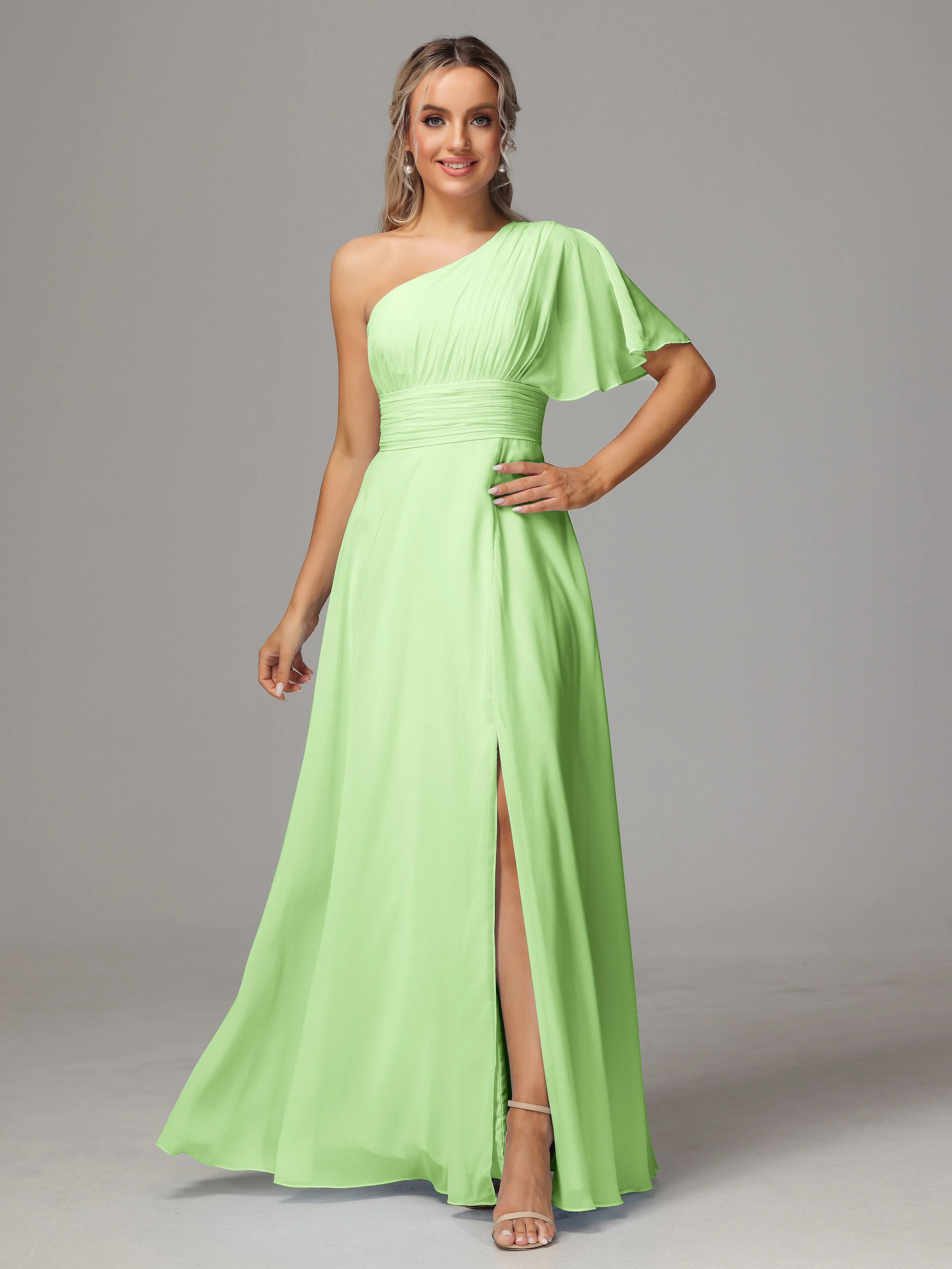 One Shoulder Chiffon Bridesmaid Dresses With Slit