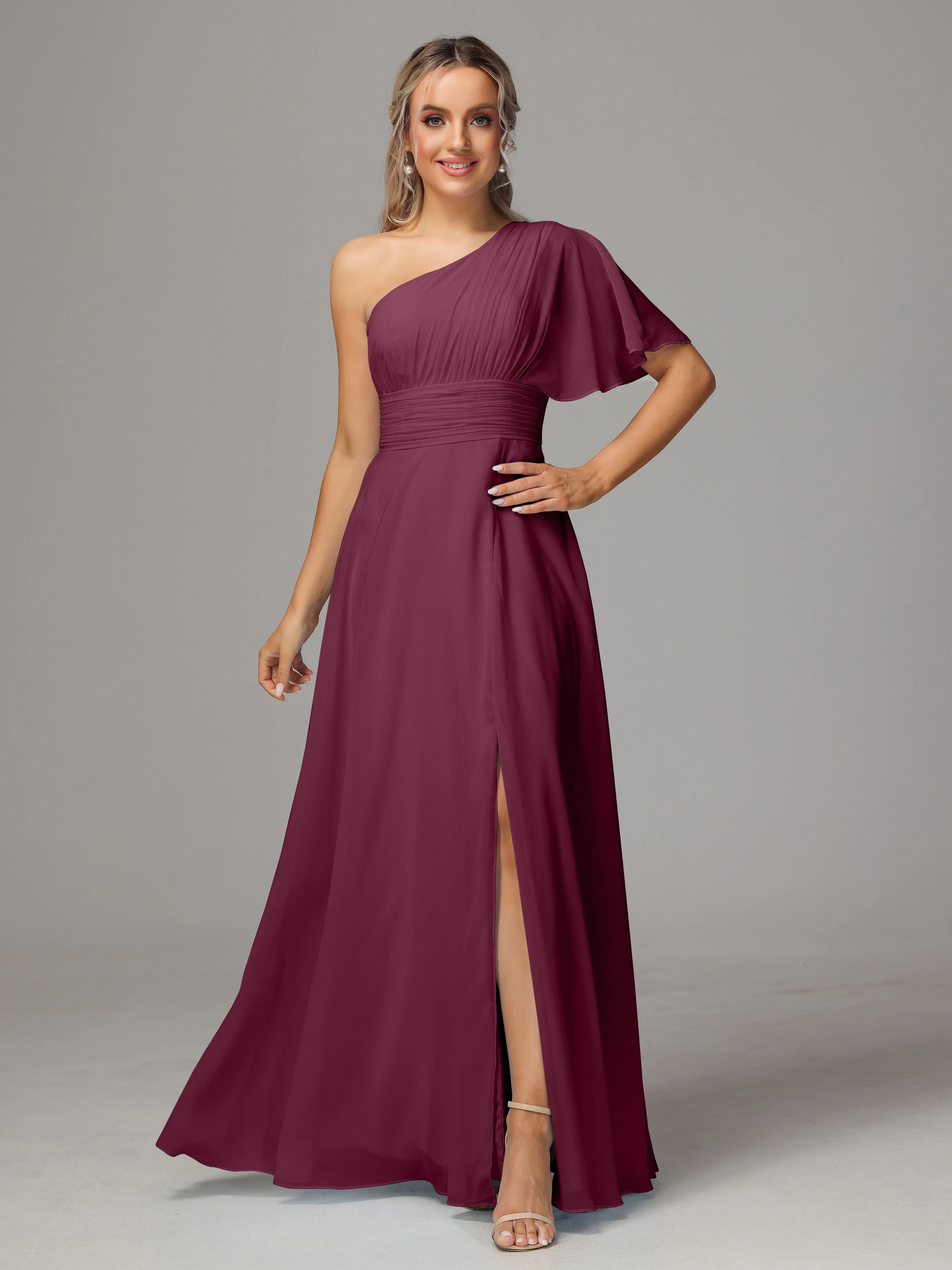 One Shoulder Chiffon Bridesmaid Dresses With Slit