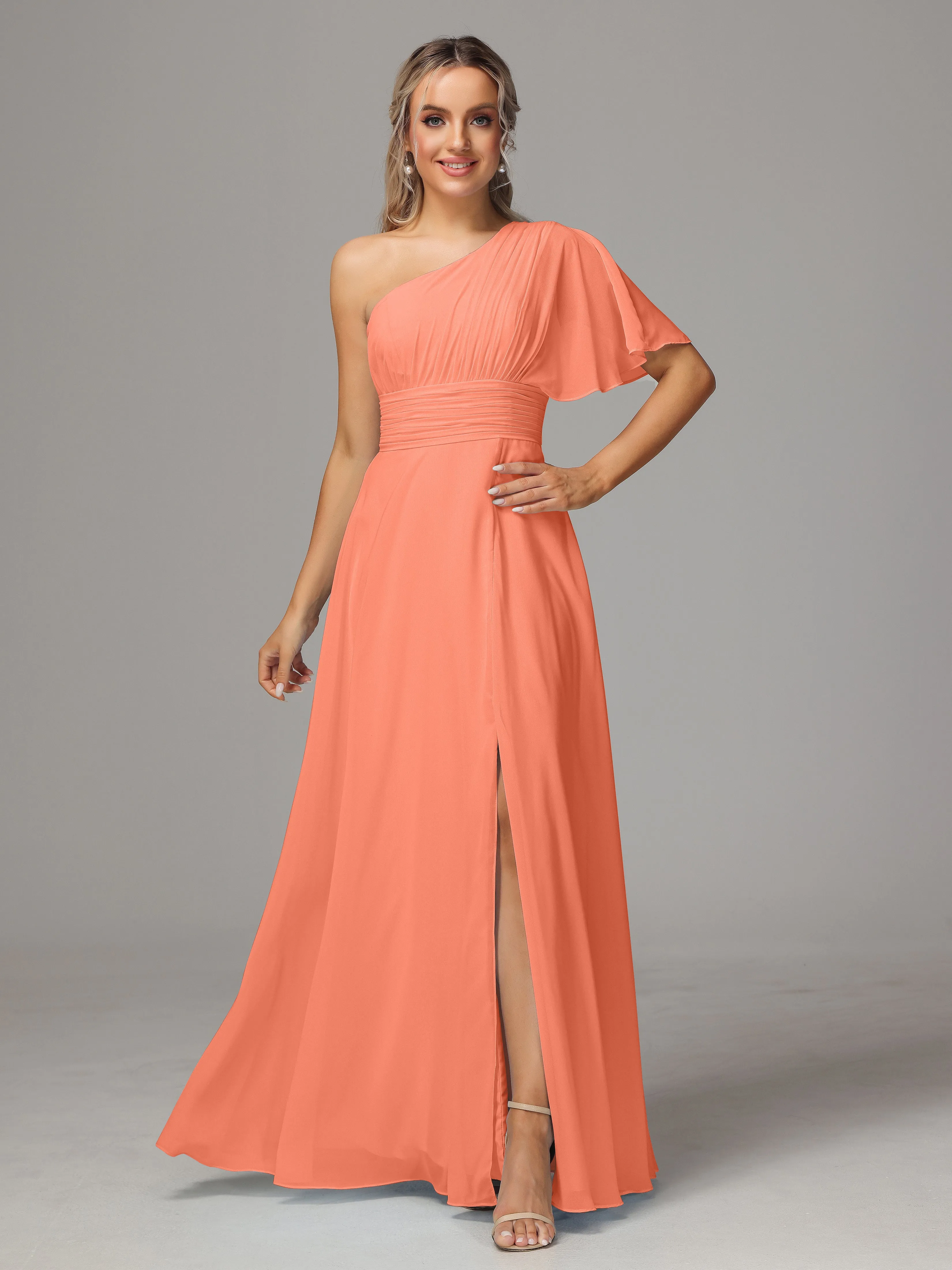 One Shoulder Chiffon Bridesmaid Dresses With Slit