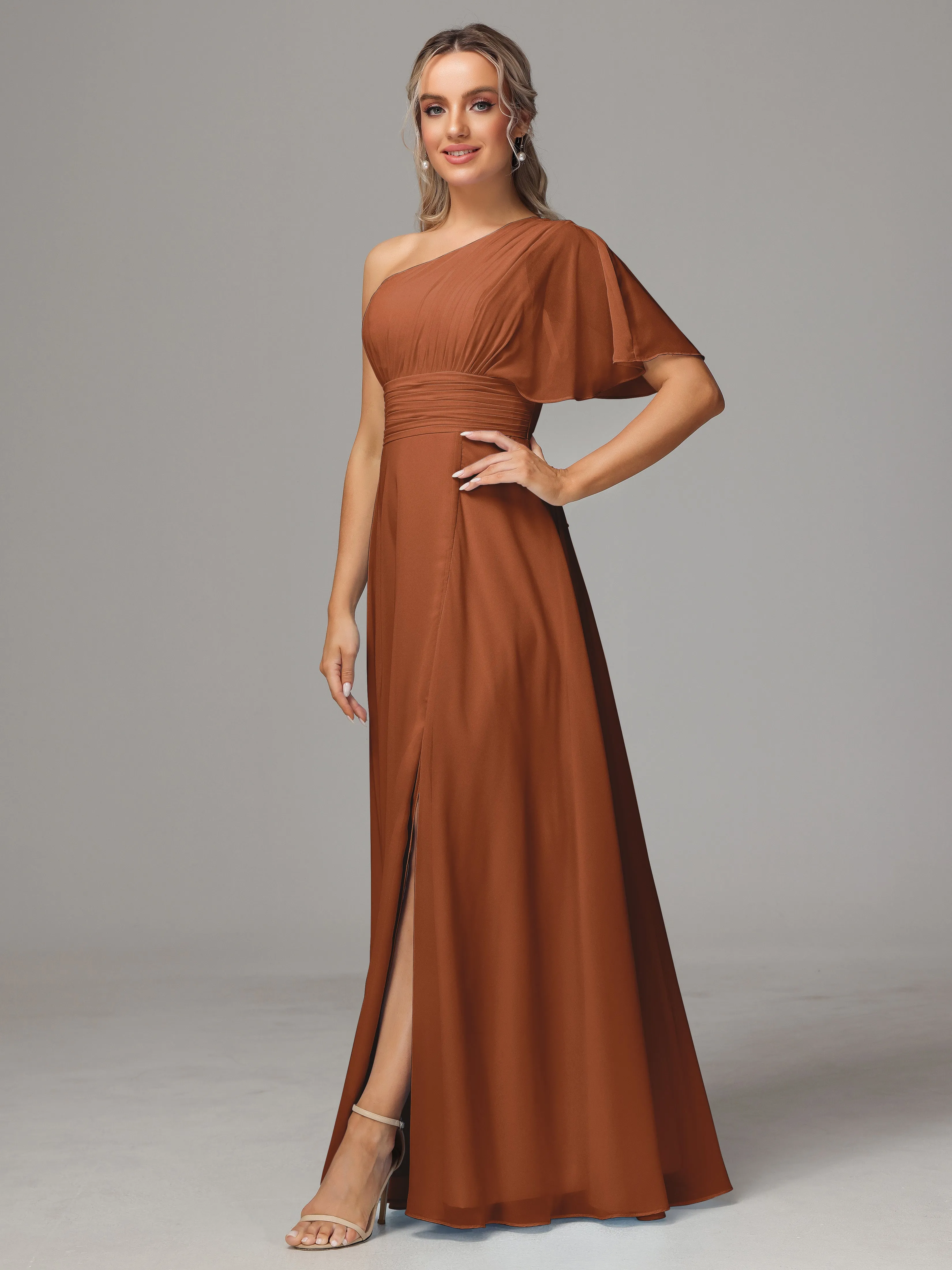 One Shoulder Chiffon Bridesmaid Dresses With Slit