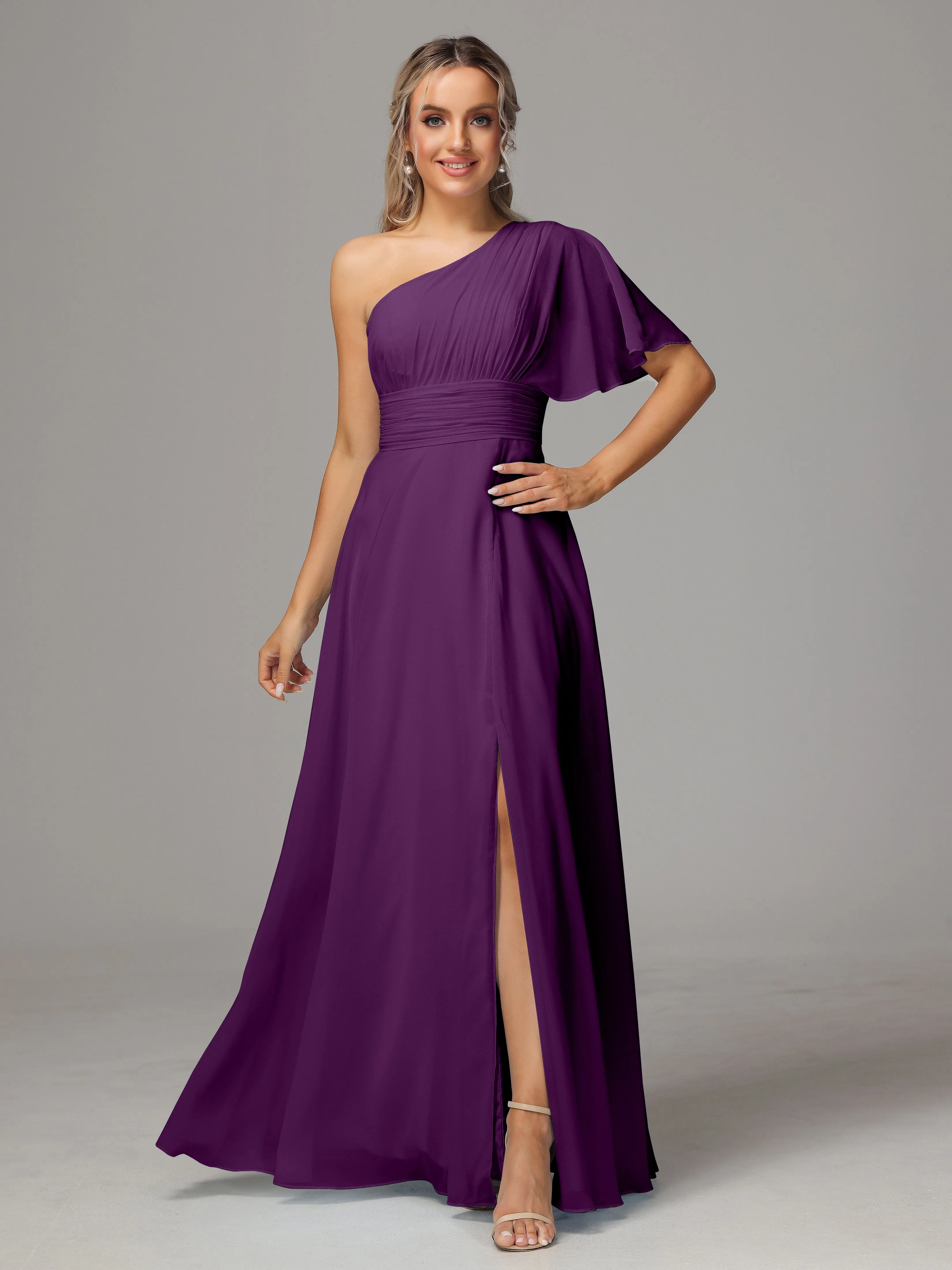 One Shoulder Chiffon Bridesmaid Dresses With Slit