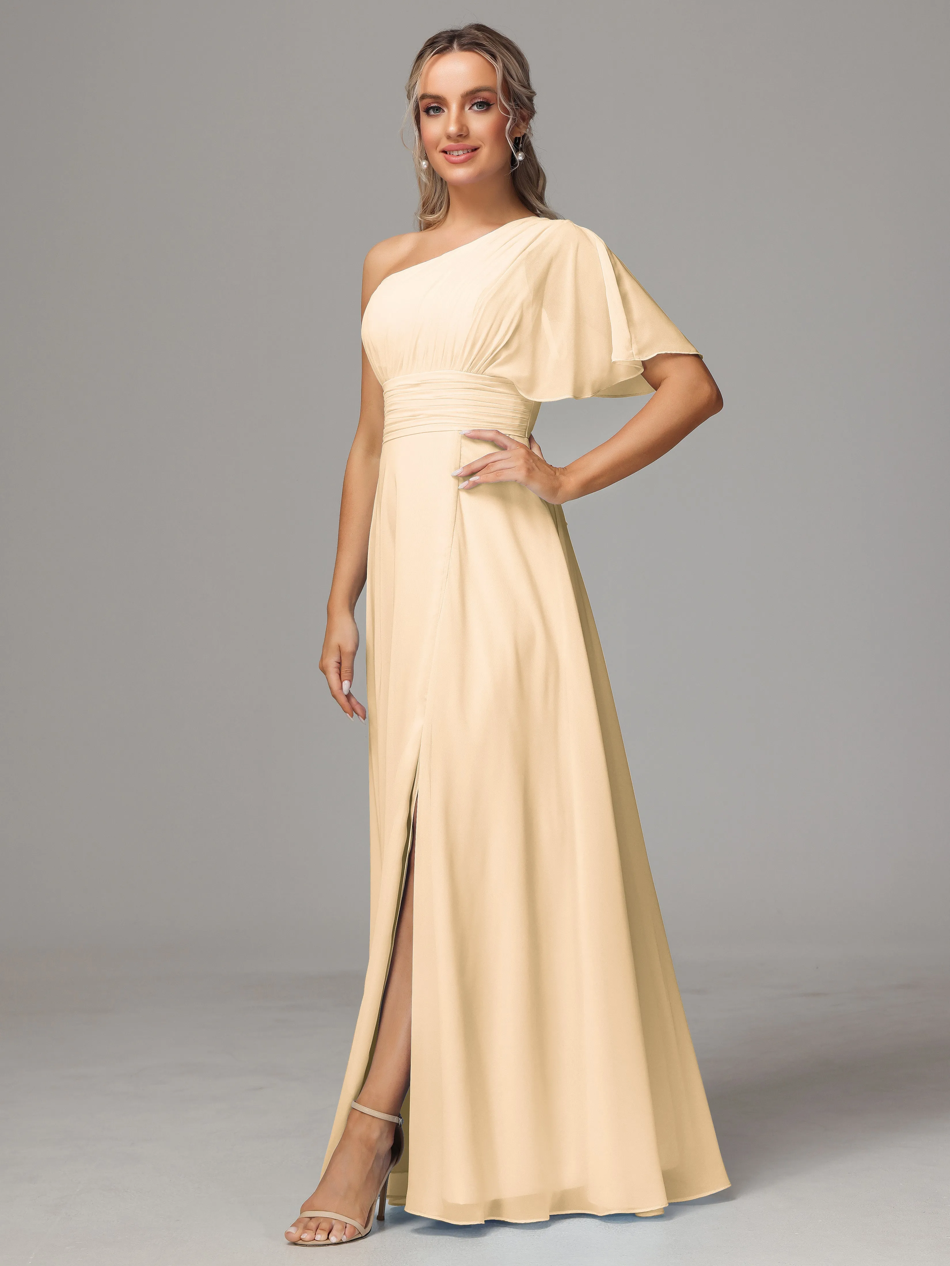 One Shoulder Chiffon Bridesmaid Dresses With Slit