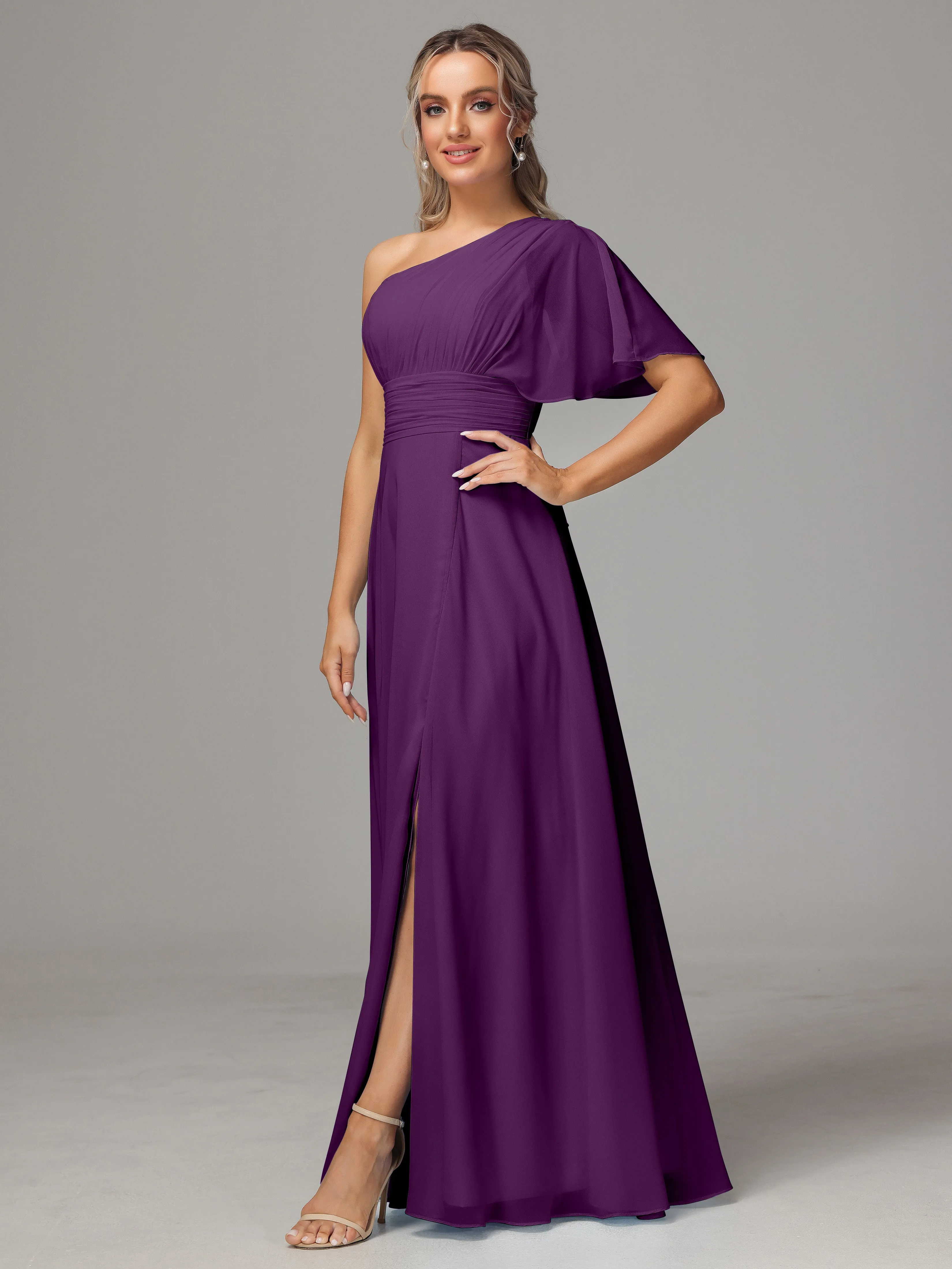 One Shoulder Chiffon Bridesmaid Dresses With Slit