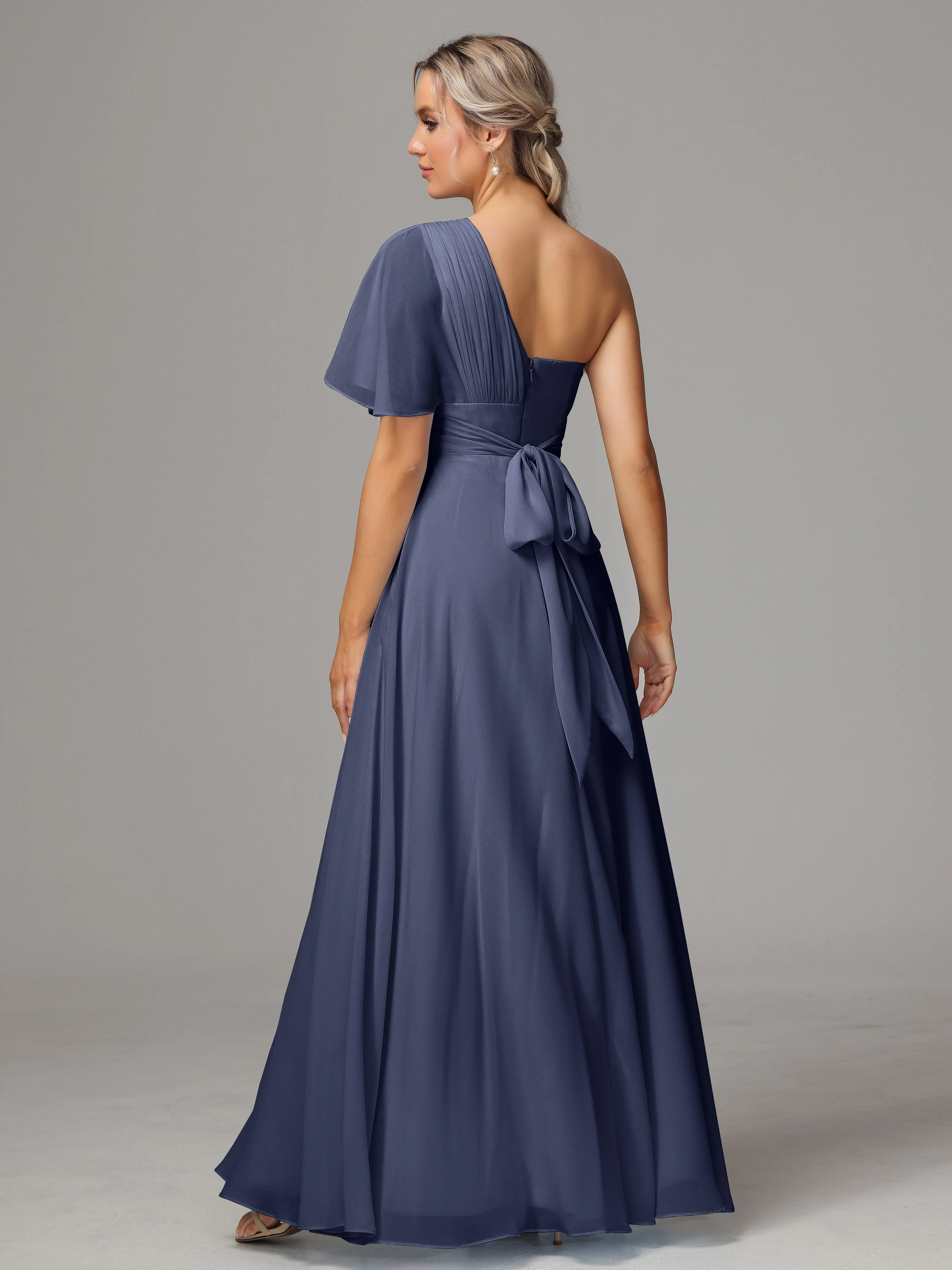 One Shoulder Chiffon Bridesmaid Dresses With Slit