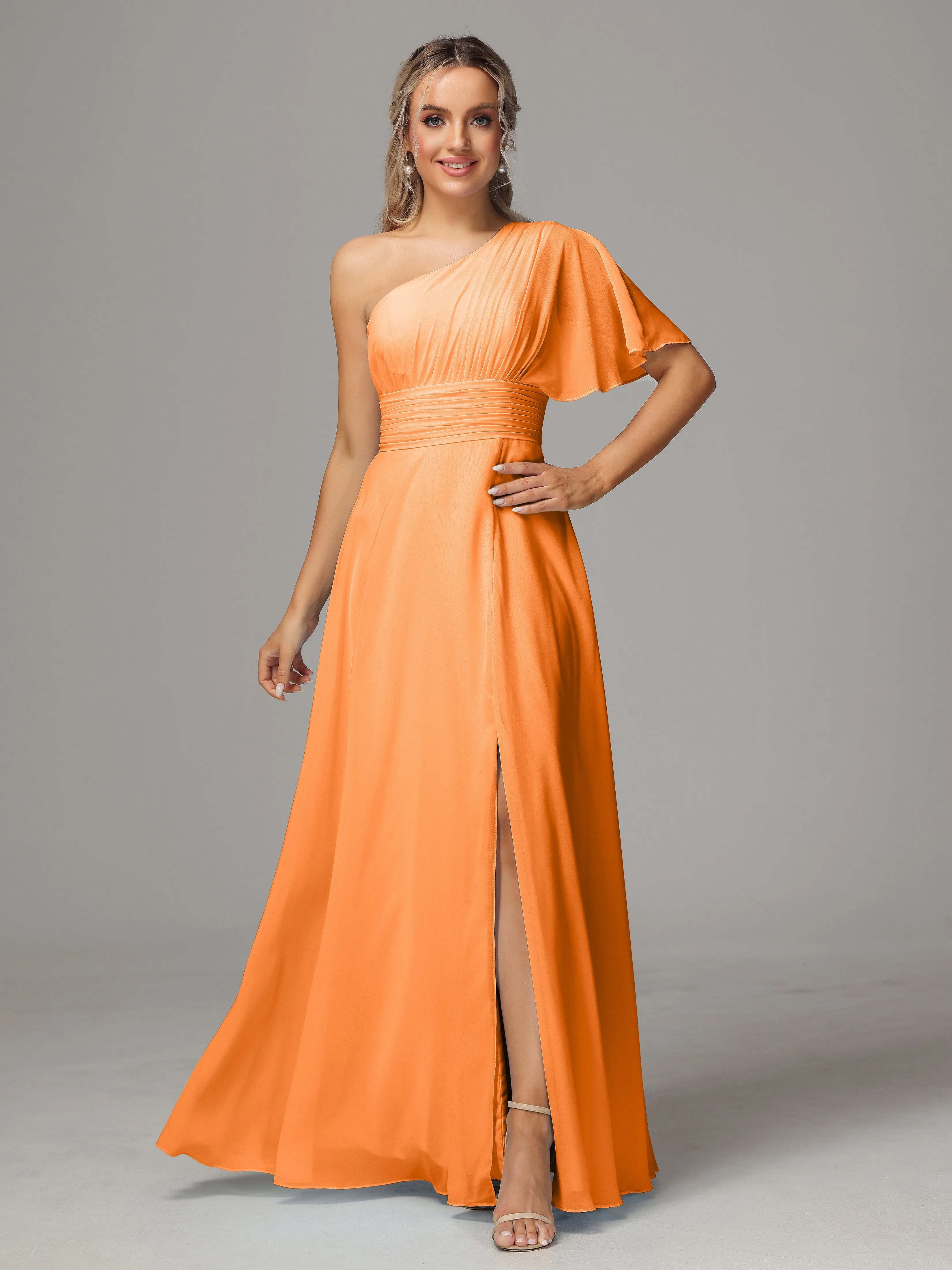 One Shoulder Chiffon Bridesmaid Dresses With Slit