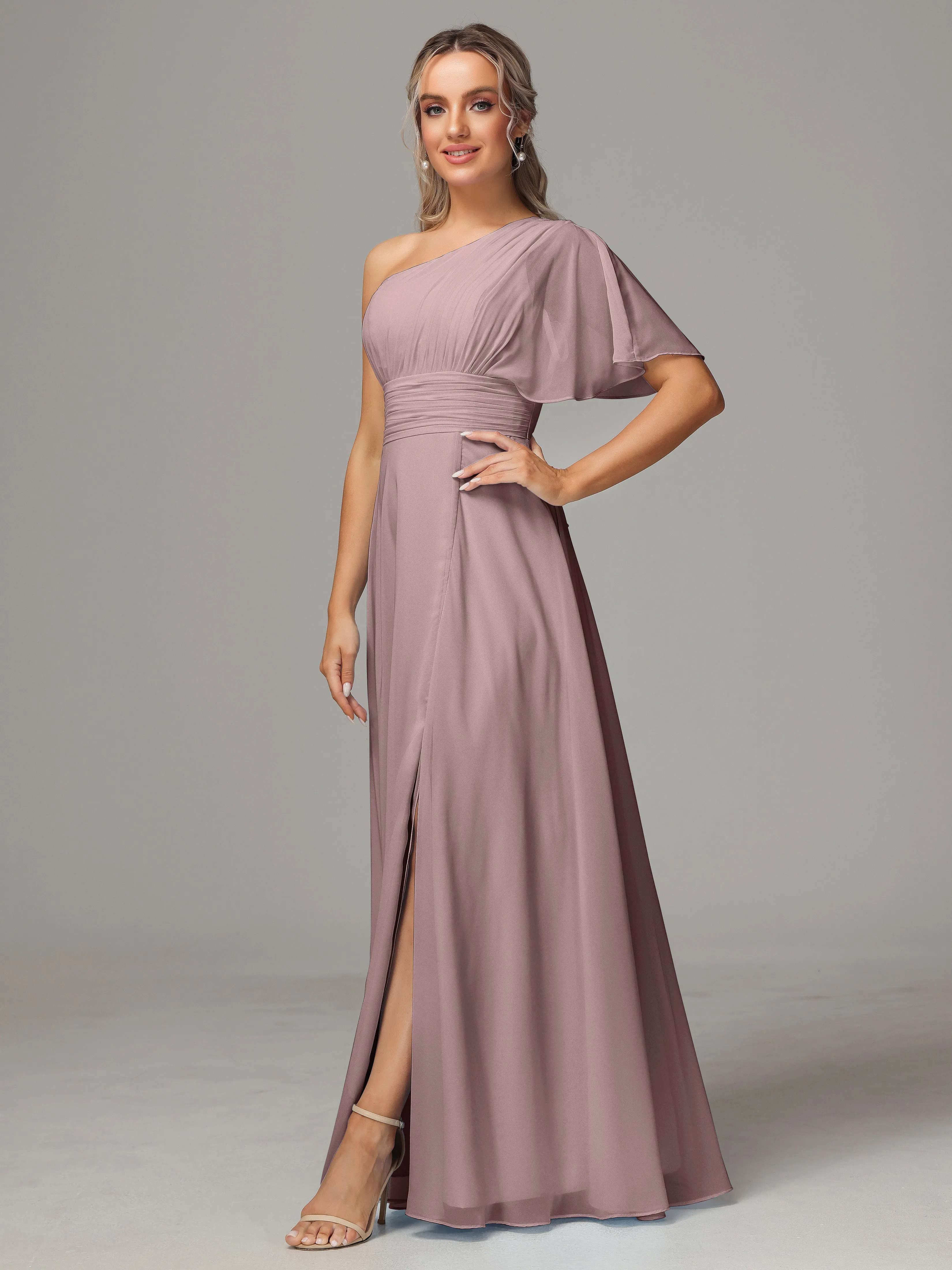 One Shoulder Chiffon Bridesmaid Dresses With Slit