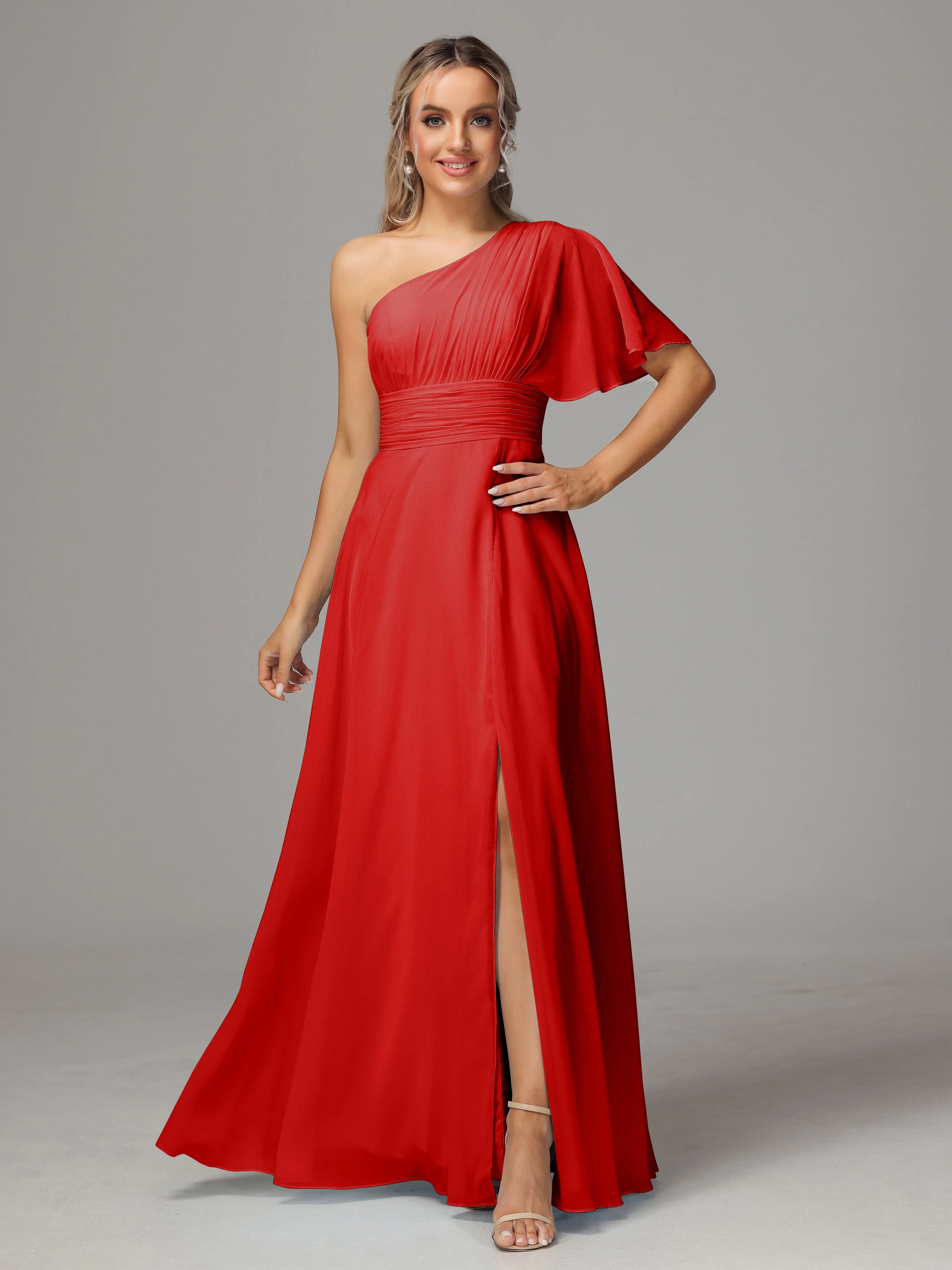 One Shoulder Chiffon Bridesmaid Dresses With Slit
