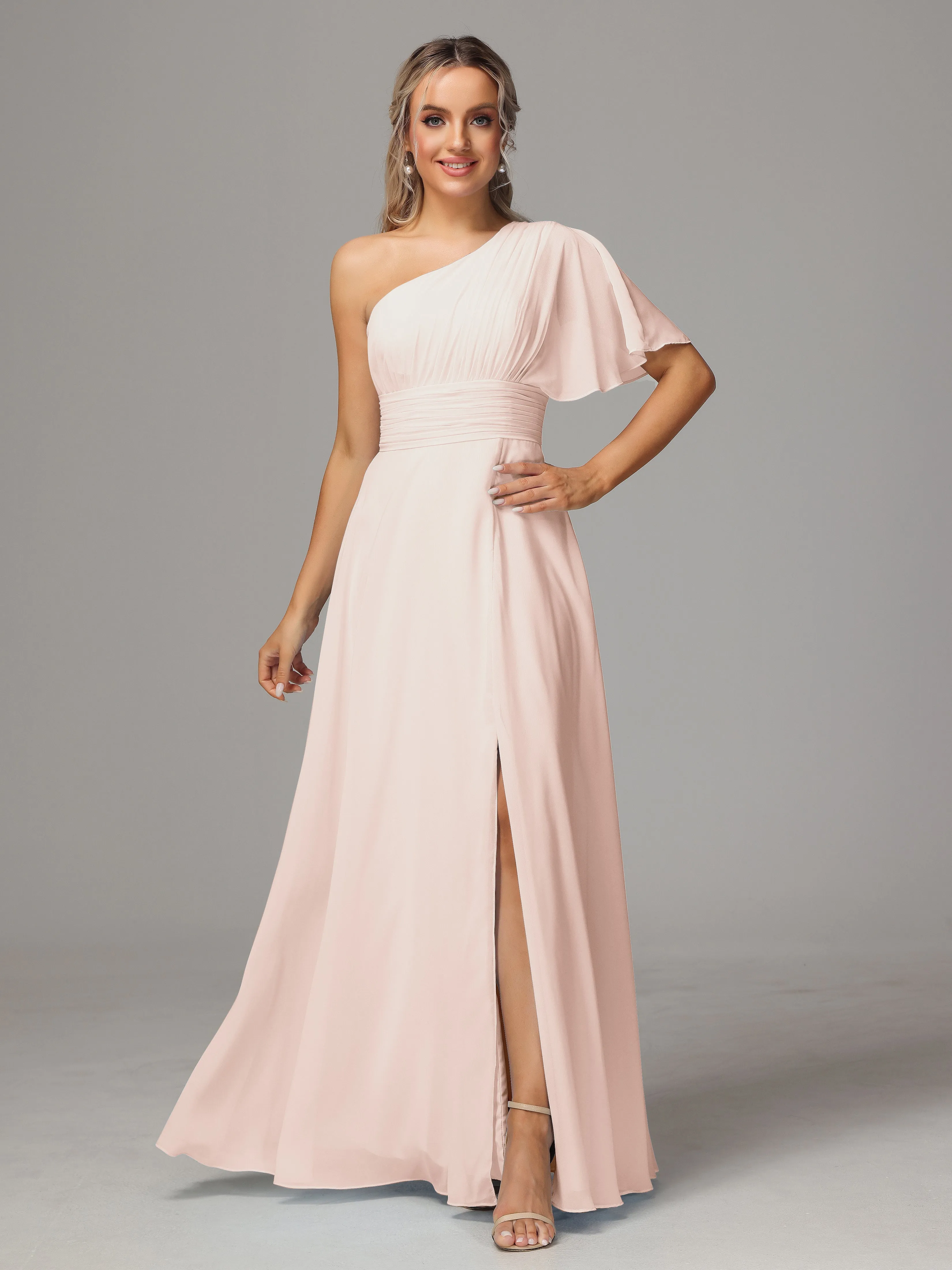 One Shoulder Chiffon Bridesmaid Dresses With Slit