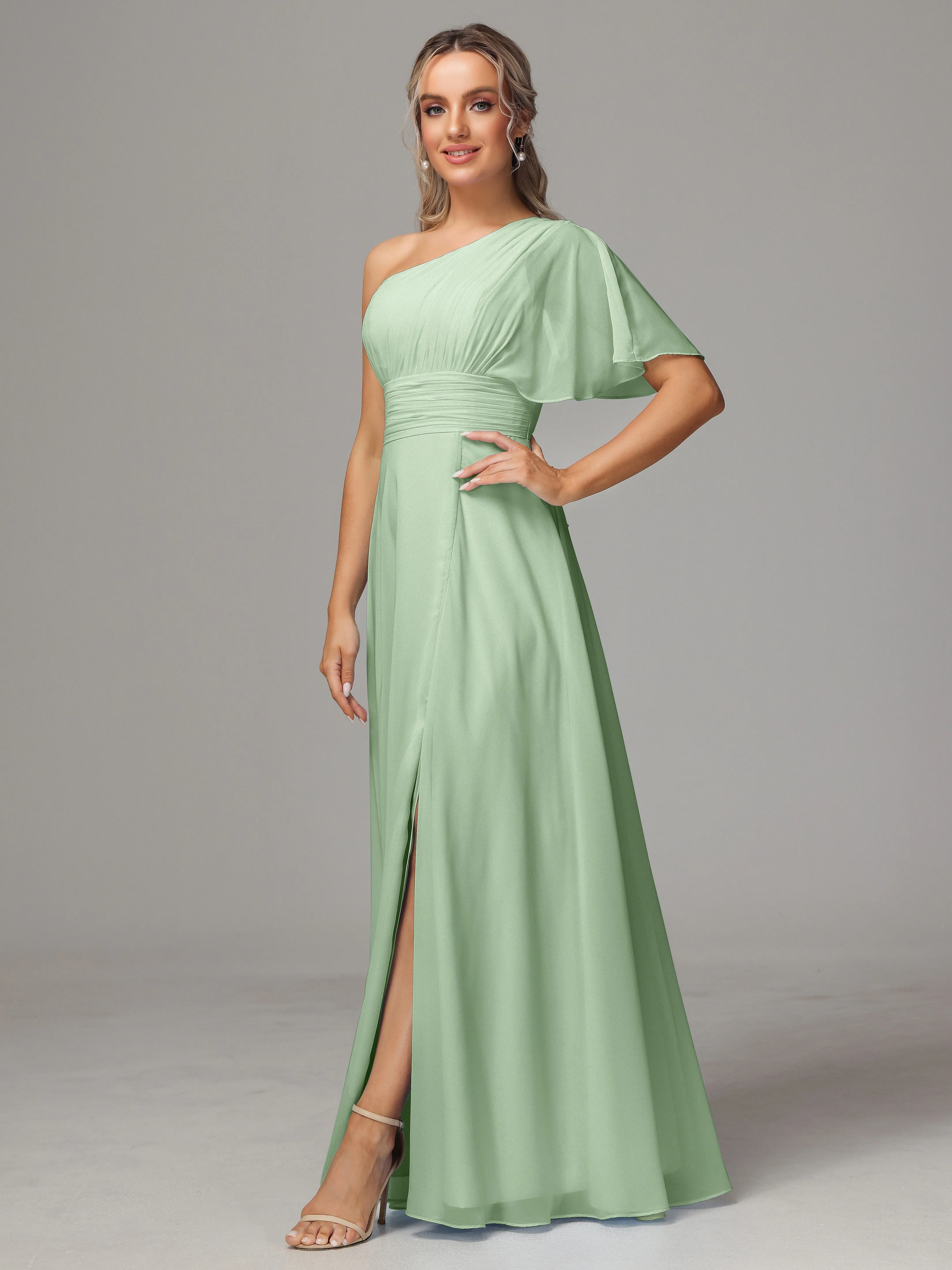 One Shoulder Chiffon Bridesmaid Dresses With Slit