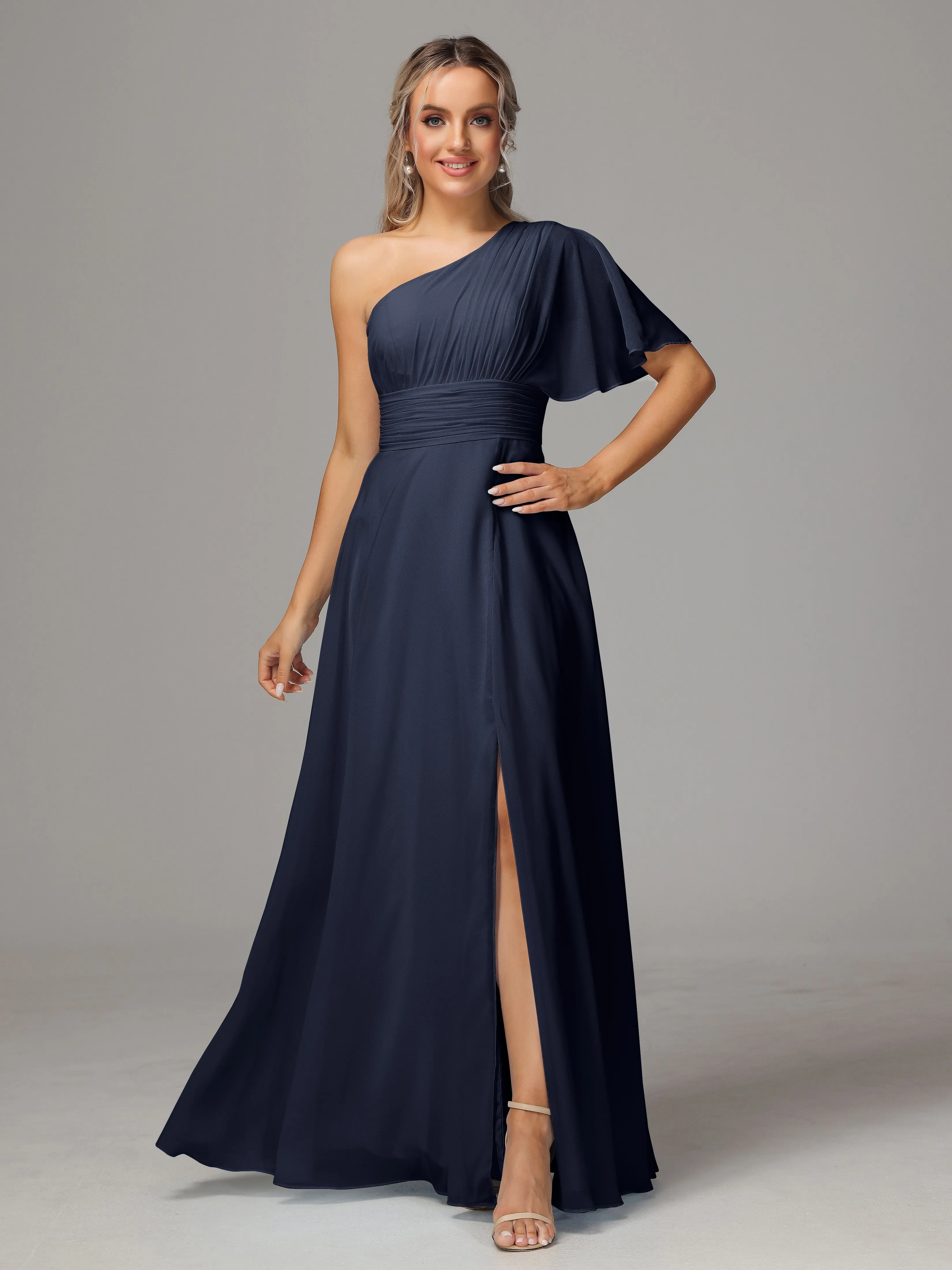 One Shoulder Chiffon Bridesmaid Dresses With Slit
