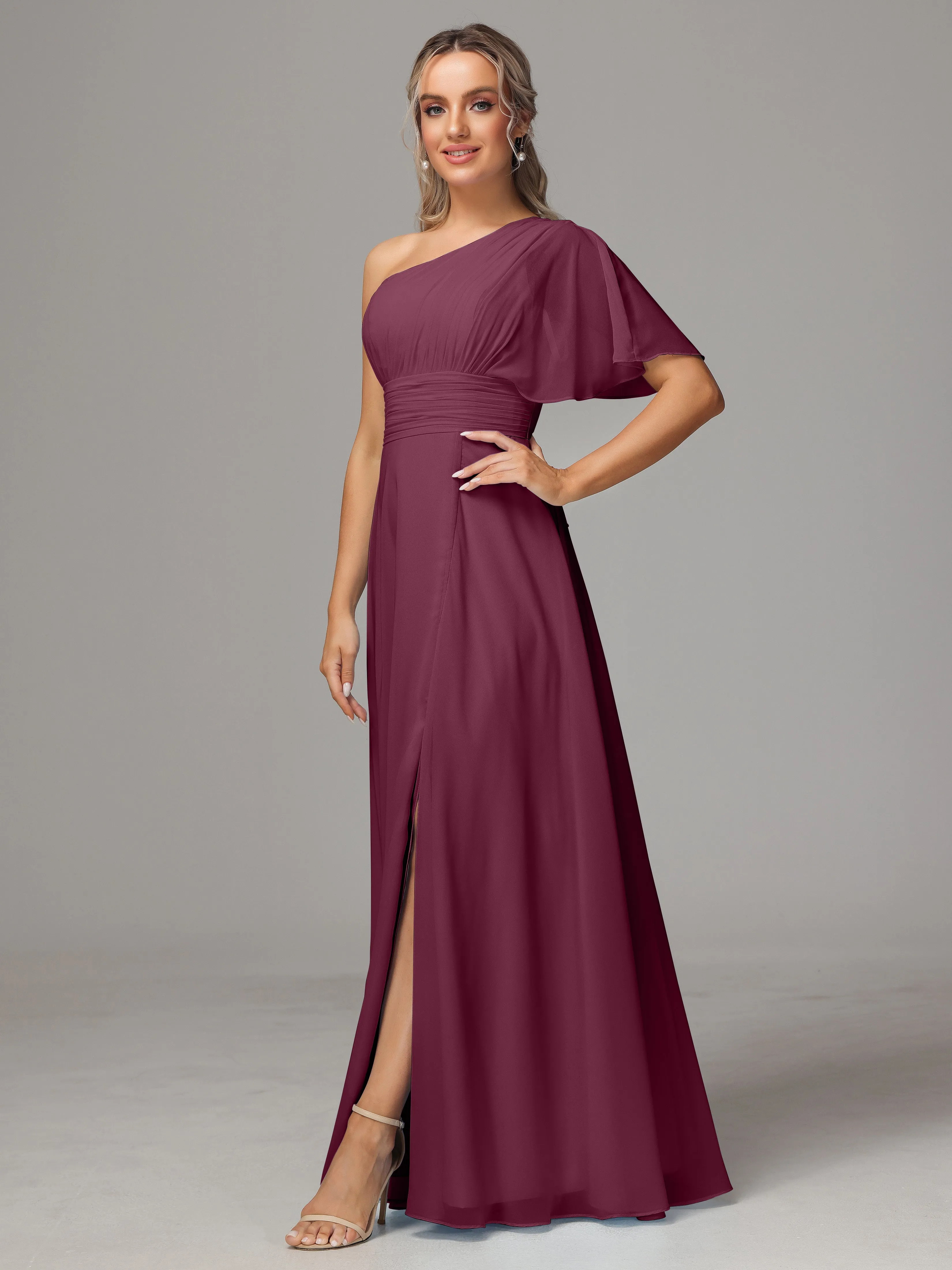 One Shoulder Chiffon Bridesmaid Dresses With Slit