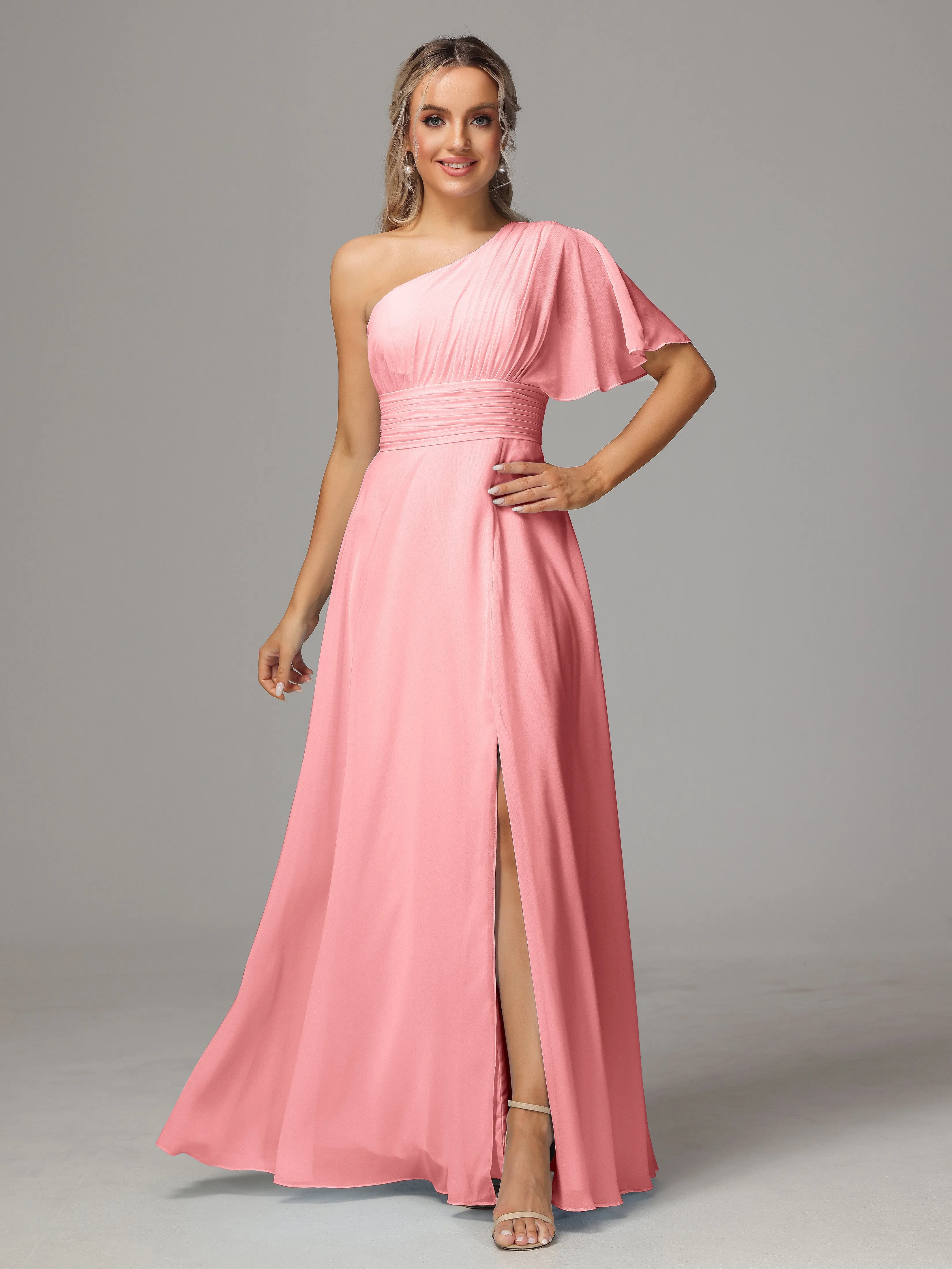 One Shoulder Chiffon Bridesmaid Dresses With Slit
