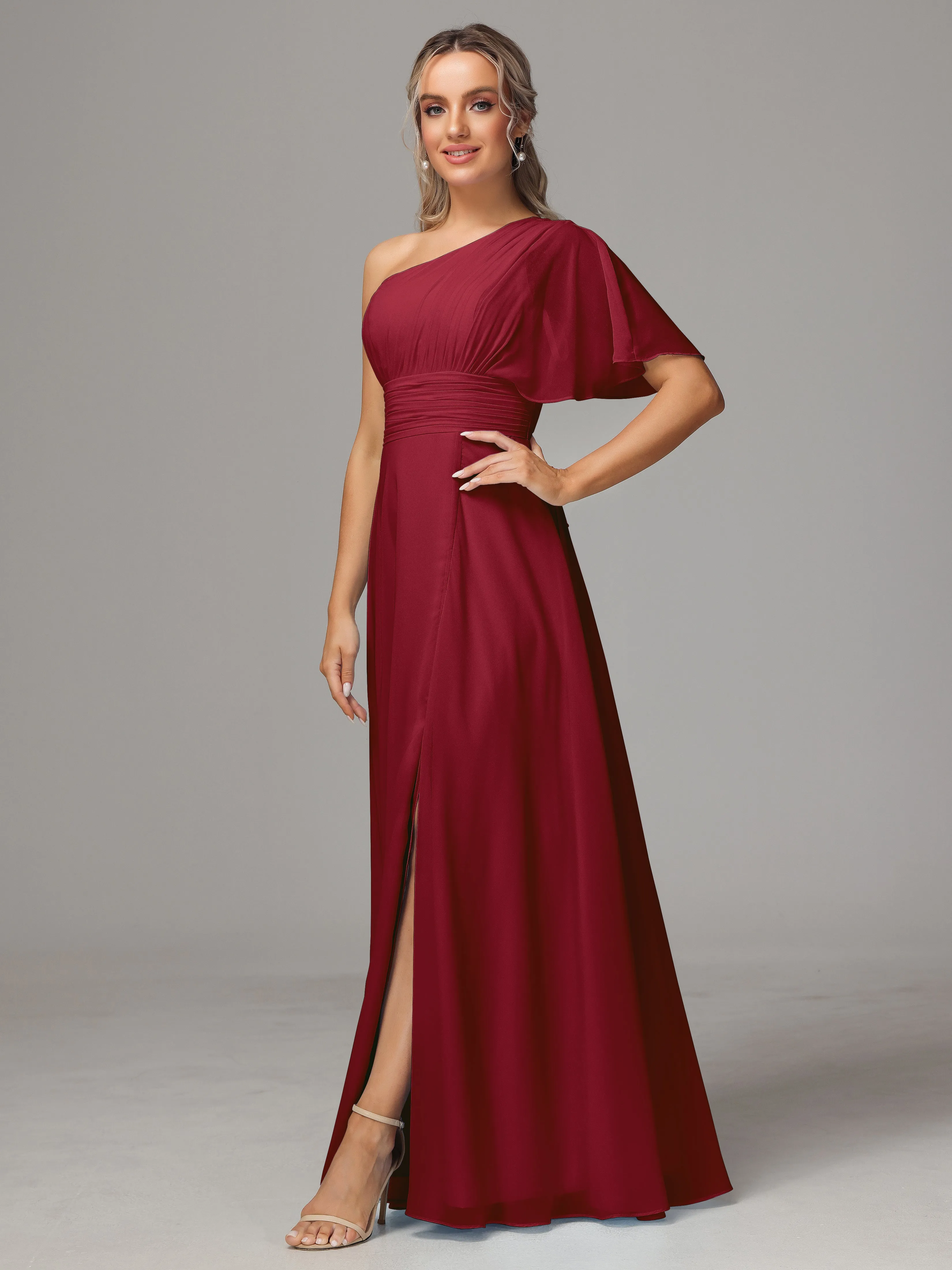 One Shoulder Chiffon Bridesmaid Dresses With Slit