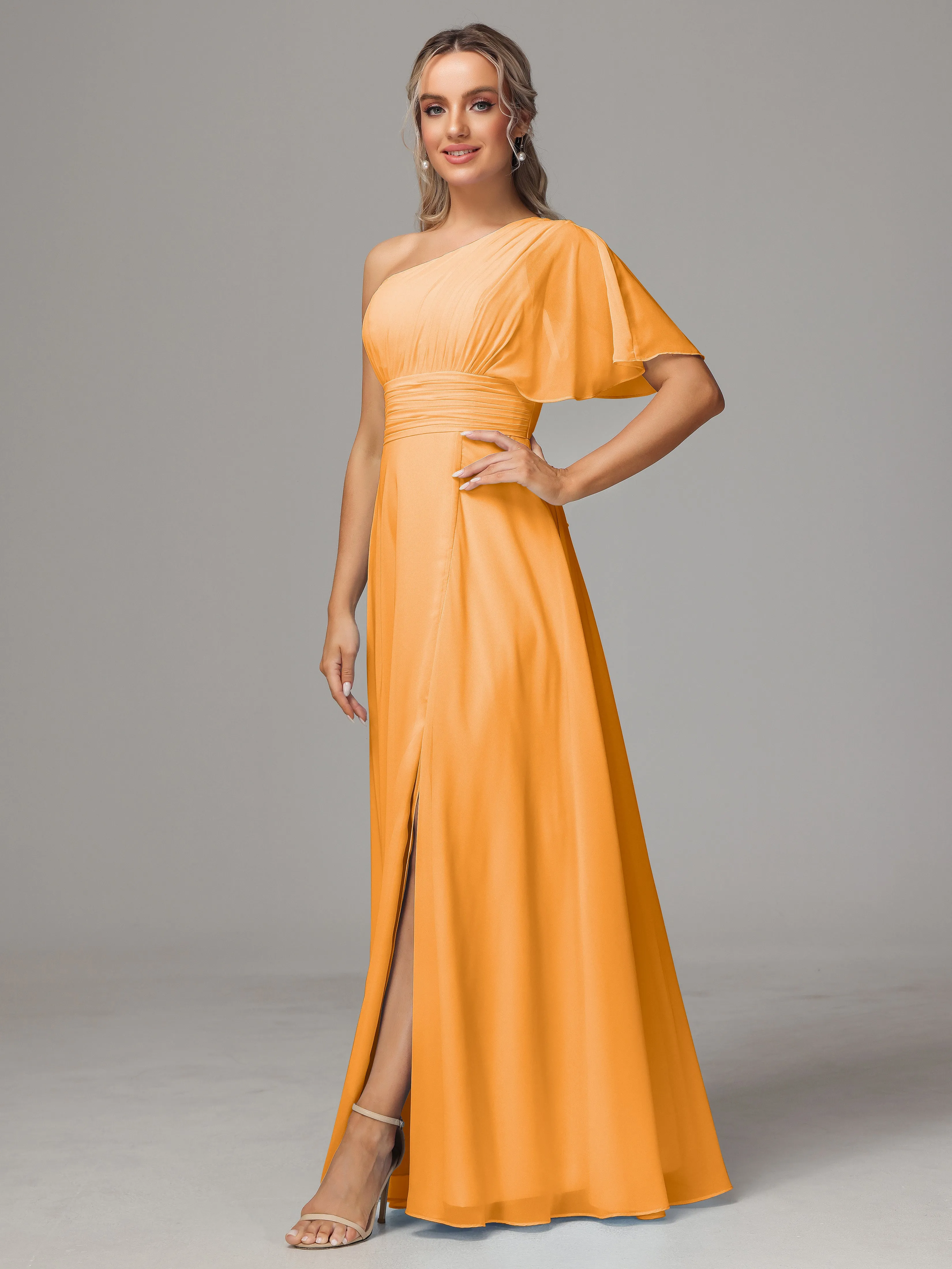 One Shoulder Chiffon Bridesmaid Dresses With Slit